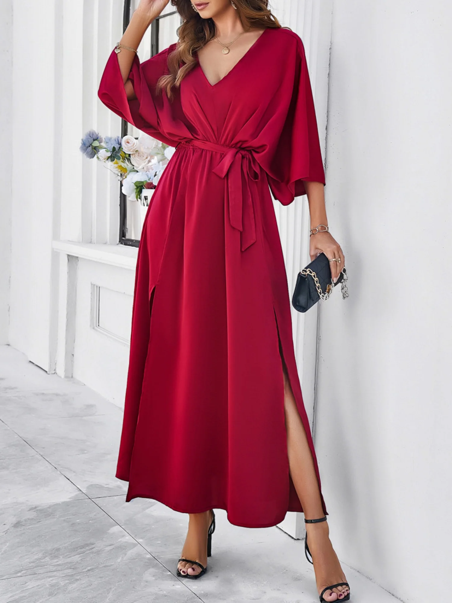 V-neck Tie High-waisted Slit Grace Maxi Dresses - Image 6
