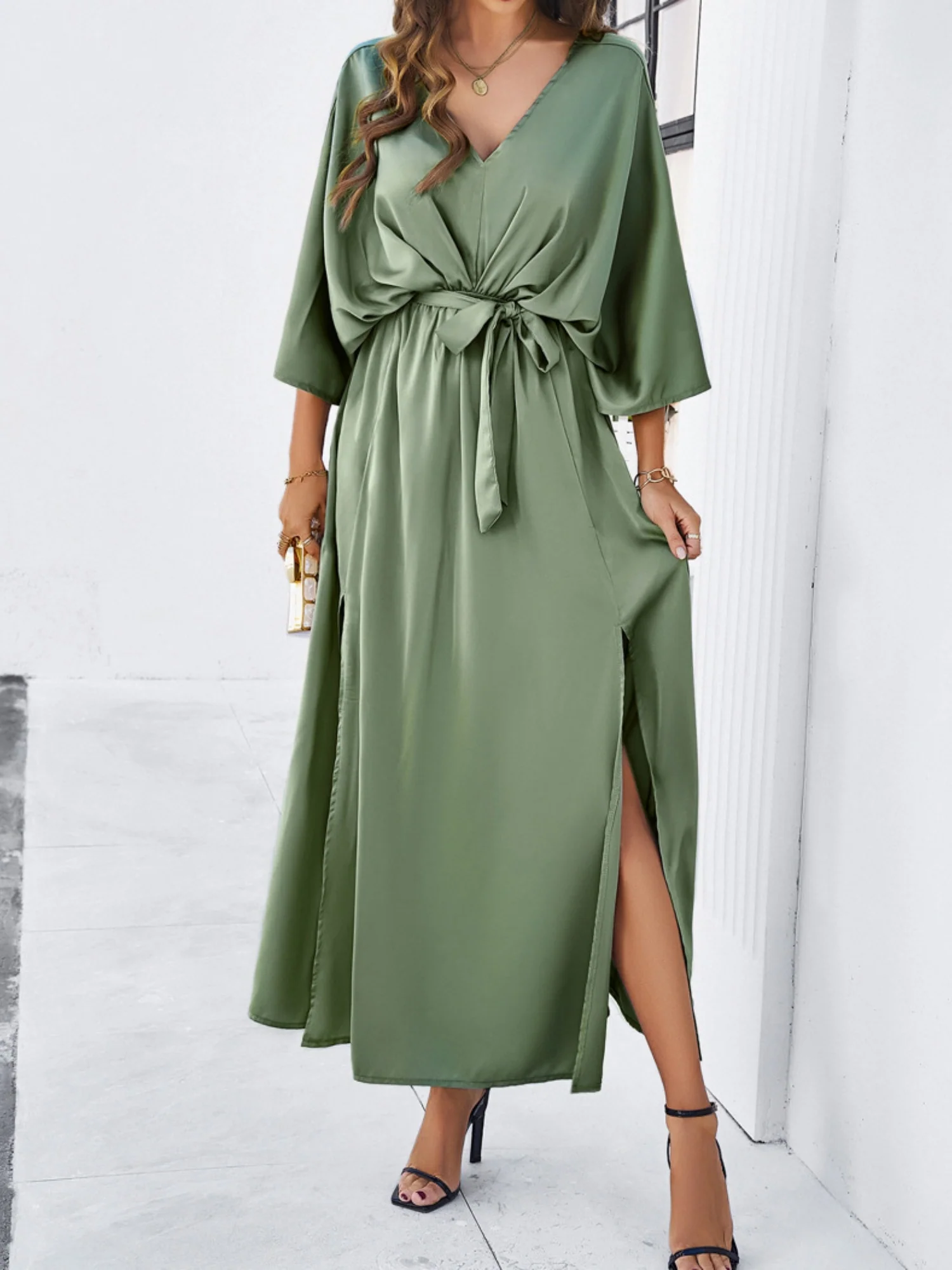 V-neck Tie High-waisted Slit Grace Maxi Dresses - Image 7