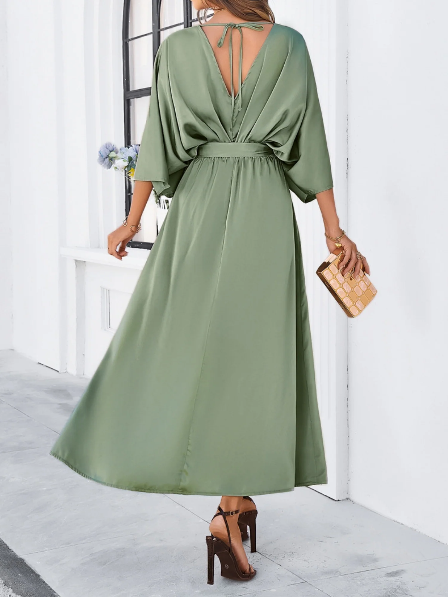 V-neck Tie High-waisted Slit Grace Maxi Dresses - Image 8