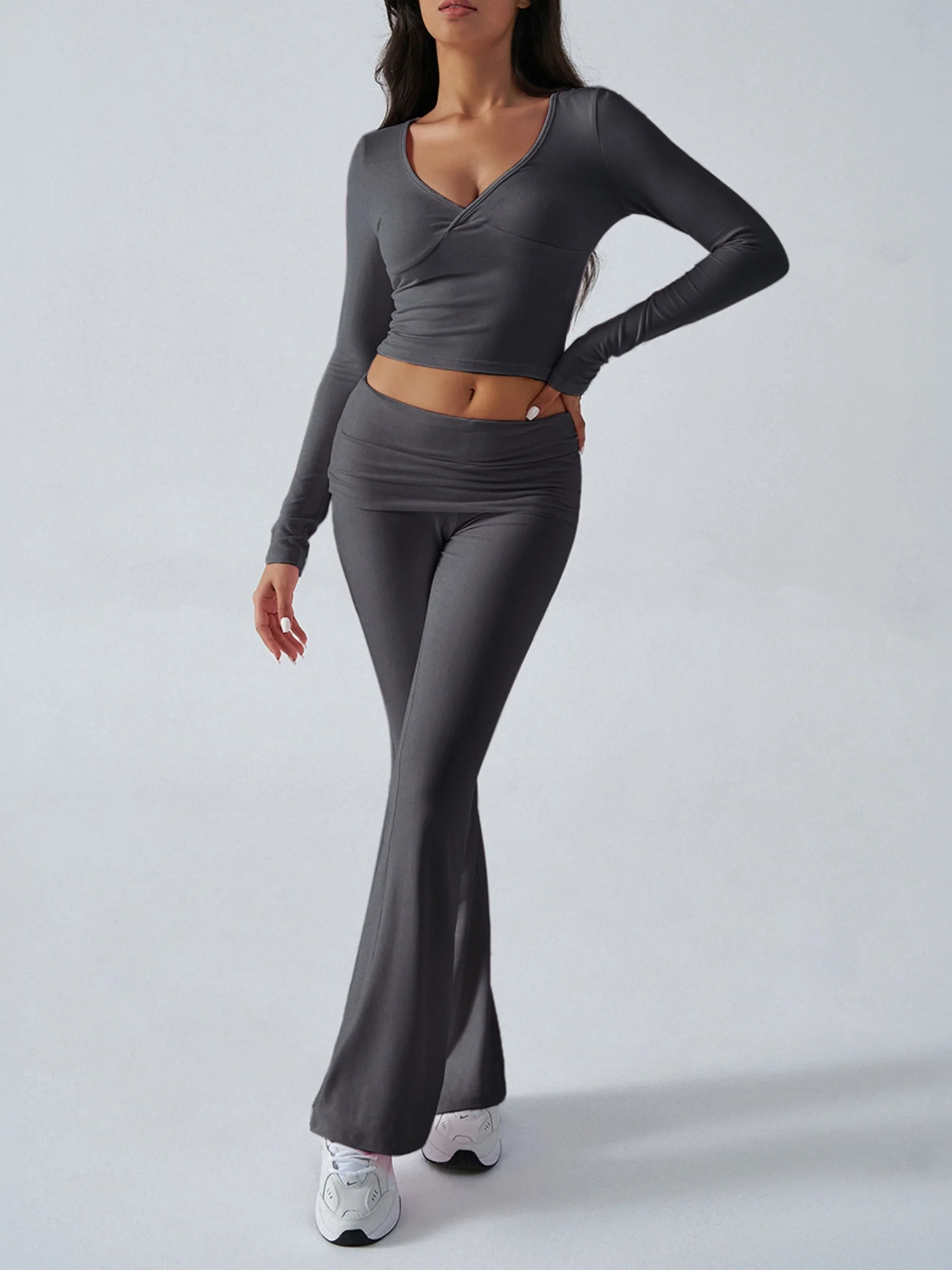 V-neck Pleats Long-sleeved Top And Trousers Sports And Leisure 2-piece Sets - Image 11