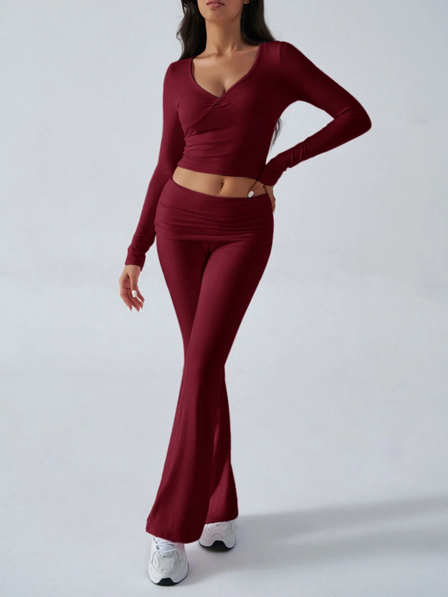 V-neck Pleats Long-sleeved Top And Trousers Sports And Leisure 2-piece Sets - Image 3