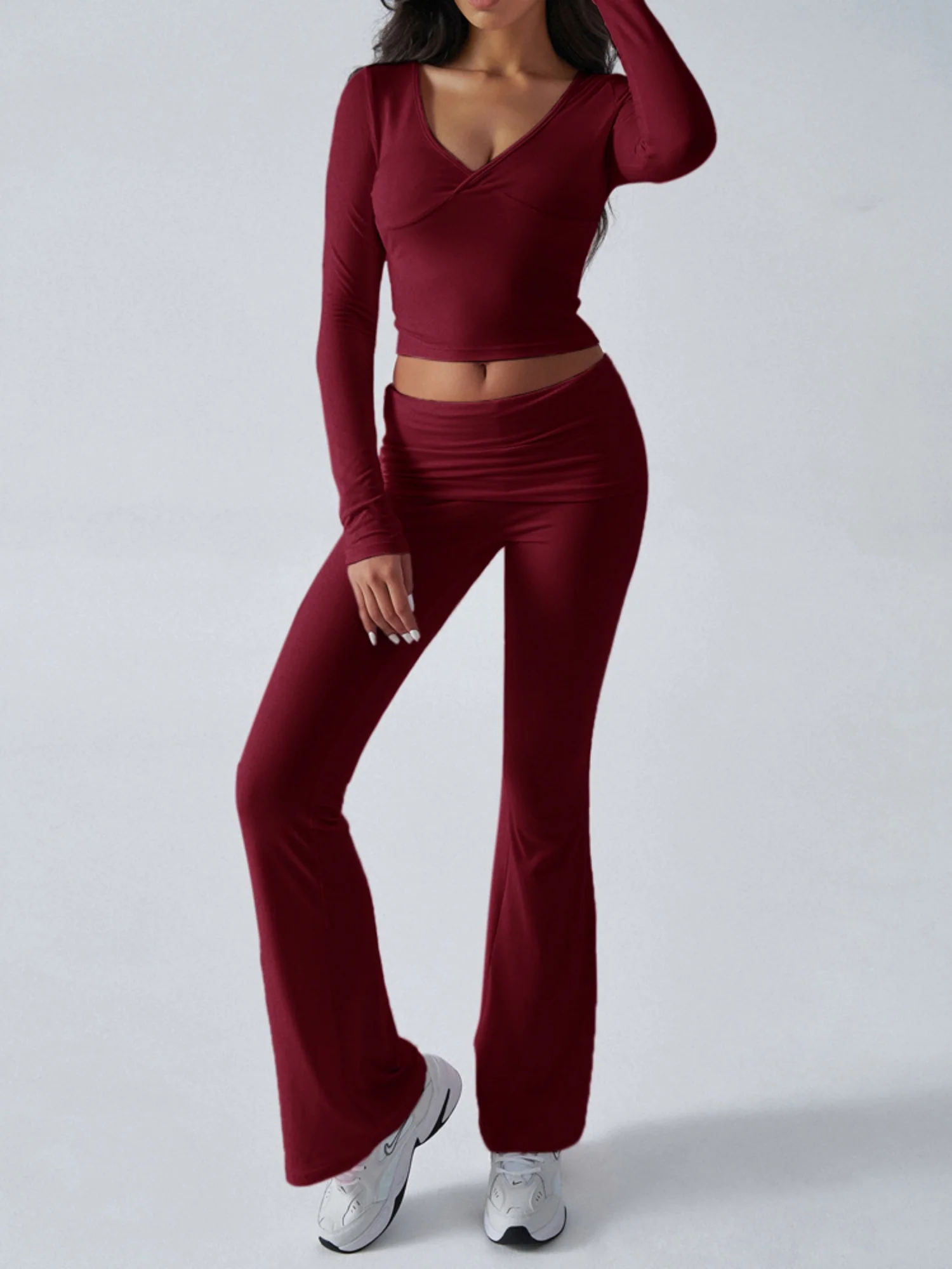V-neck Pleats Long-sleeved Top And Trousers Sports And Leisure 2-piece Sets - Image 4