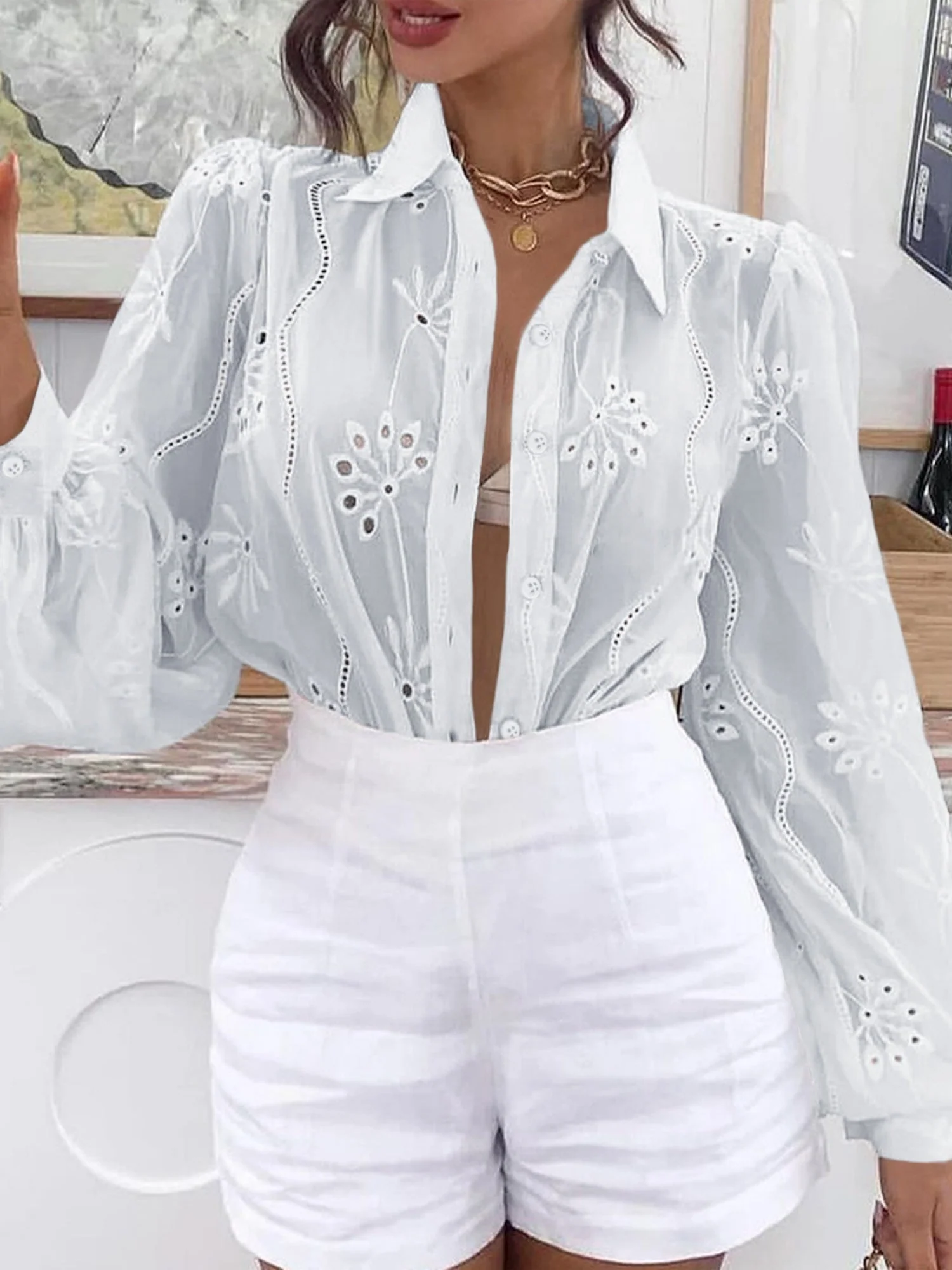 Openwork Flowers Long Sleeves Cardigan Shirts - Image 2