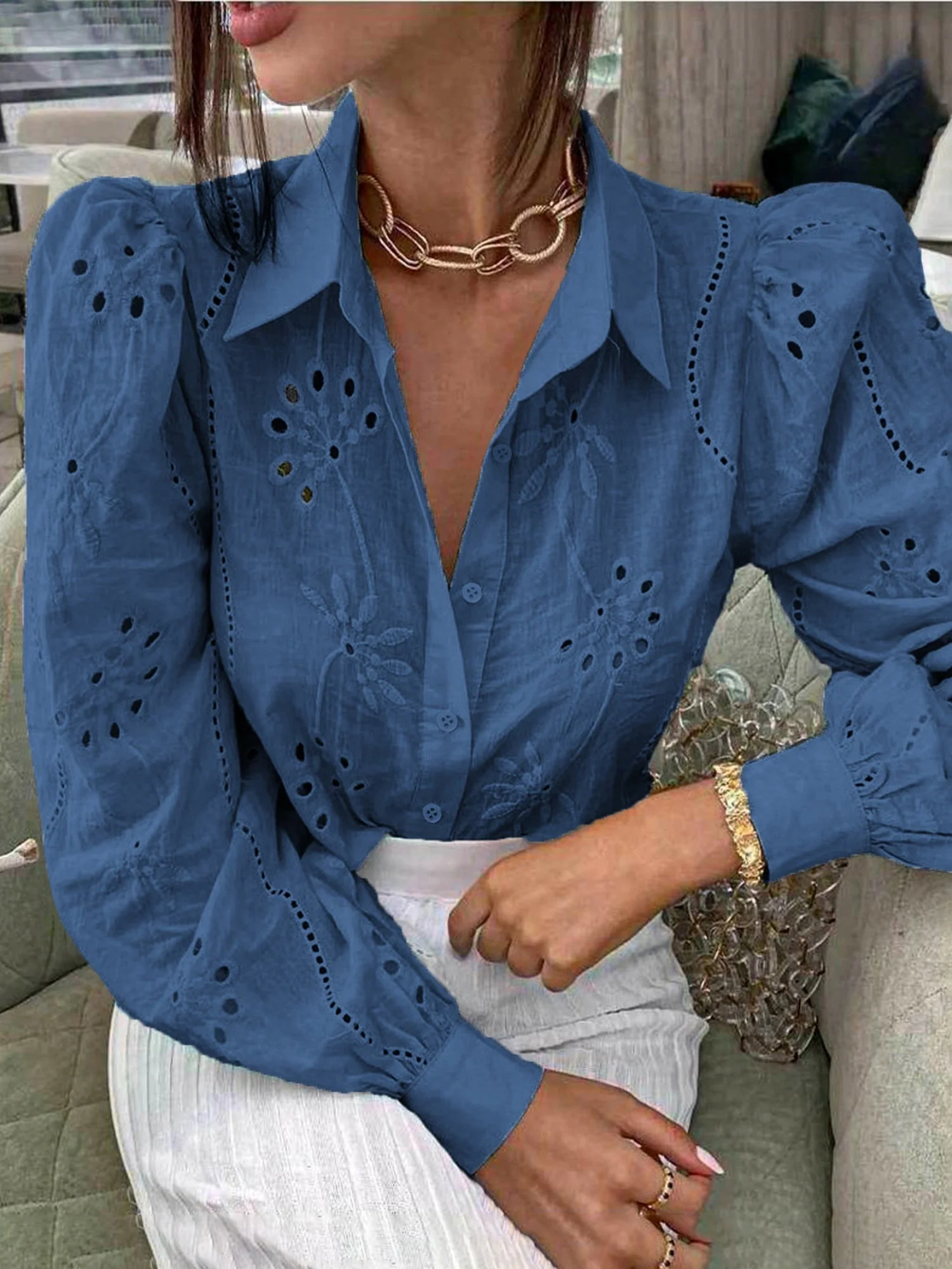 Openwork Flowers Long Sleeves Cardigan Shirts - Image 4