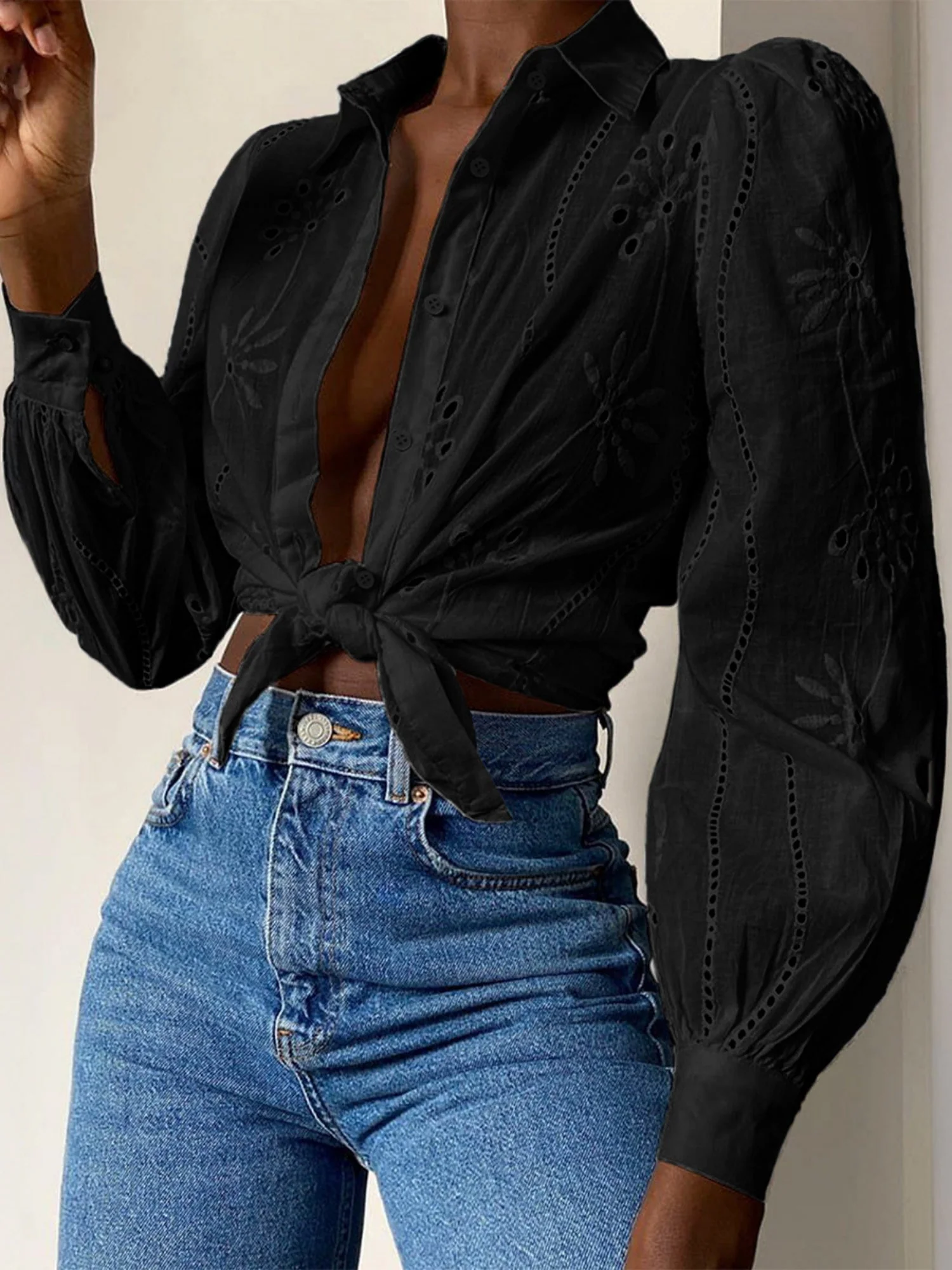Openwork Flowers Long Sleeves Cardigan Shirts - Image 8