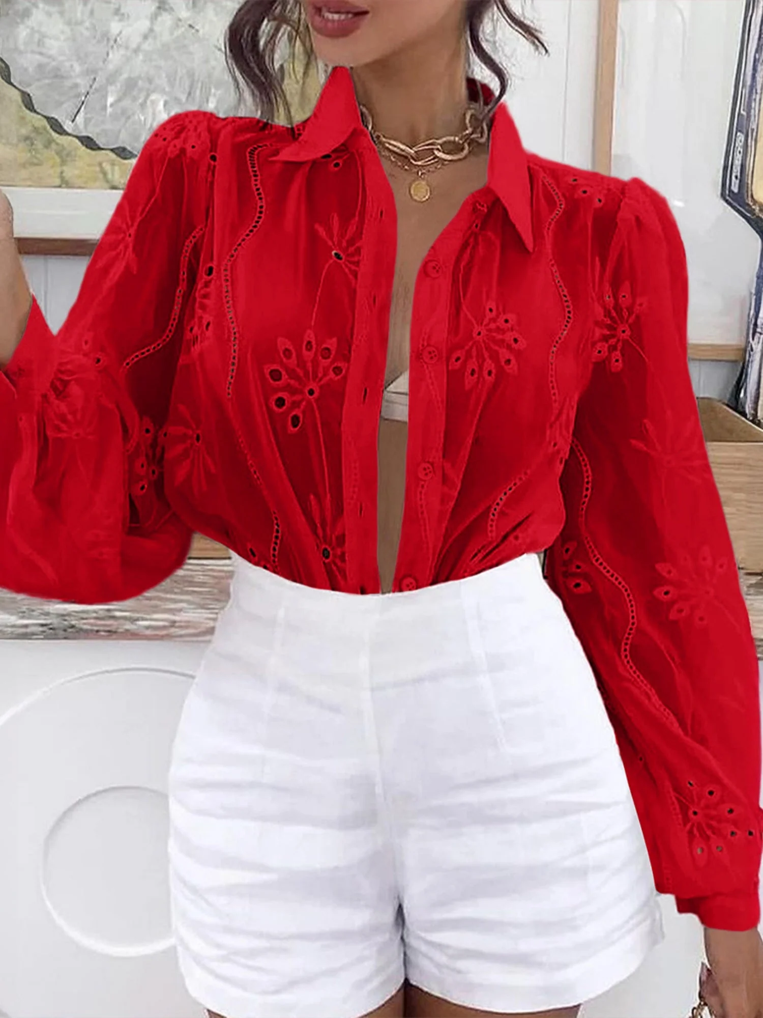 Openwork Flowers Long Sleeves Cardigan Shirts - Image 9