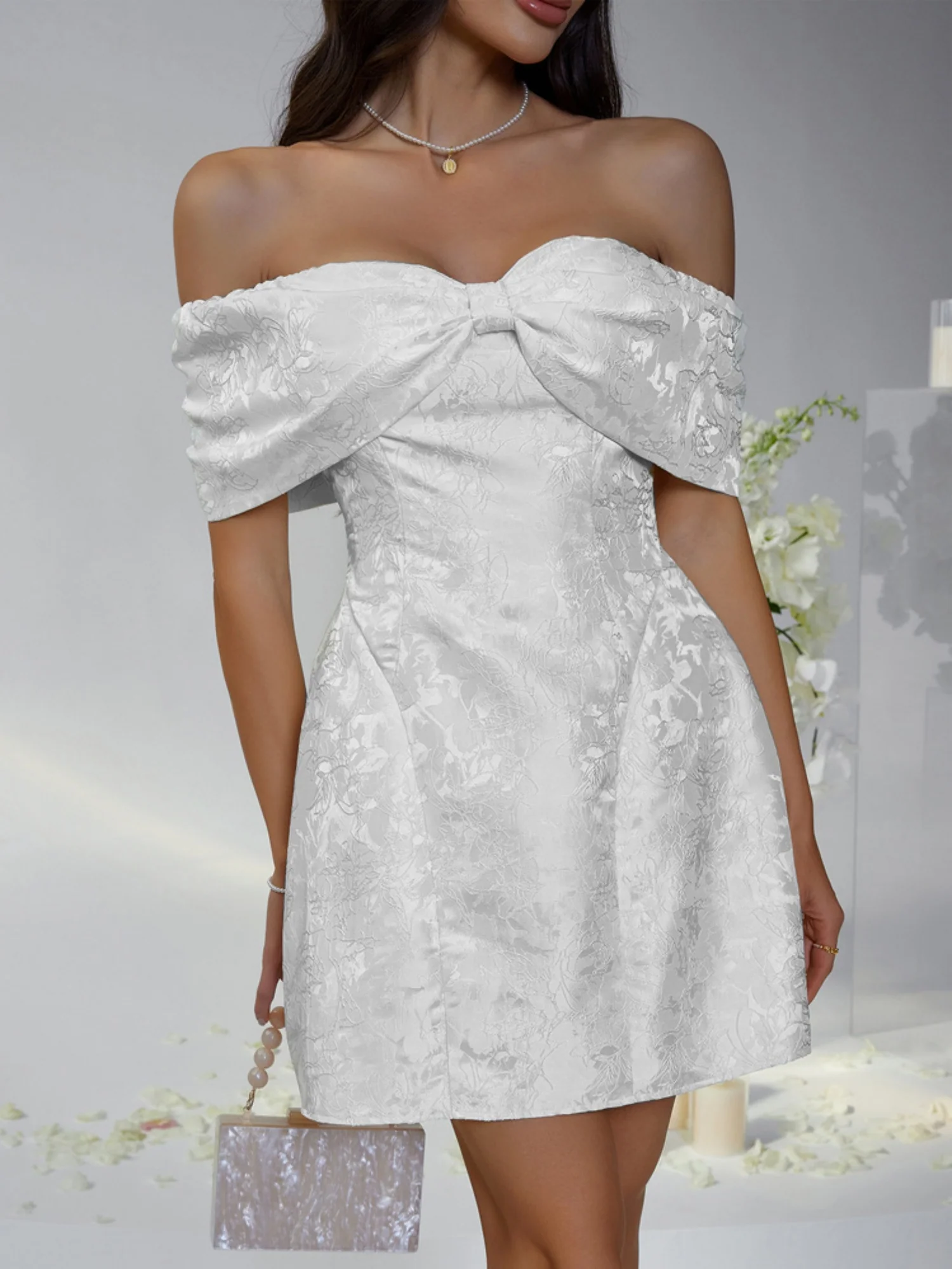 Bow Jacquard Off-shoulder Mini&Short Dresses