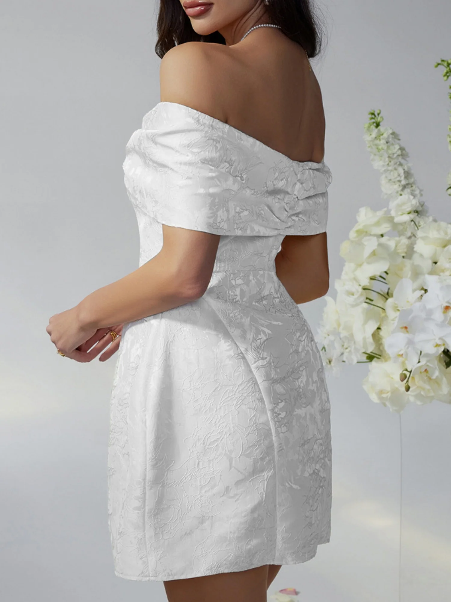 Bow Jacquard Off-shoulder Mini&Short Dresses - Image 2