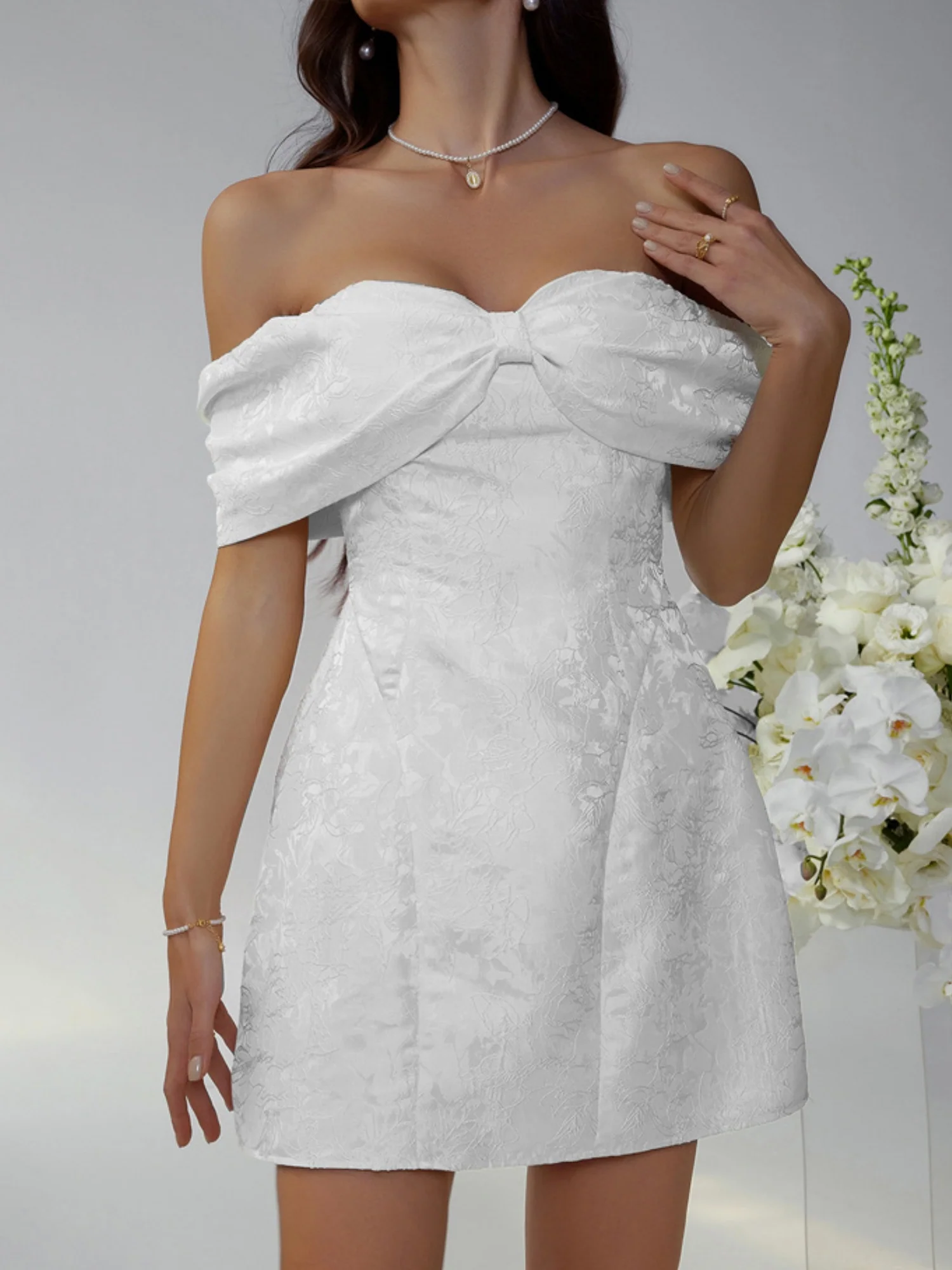 Bow Jacquard Off-shoulder Mini&Short Dresses - Image 3
