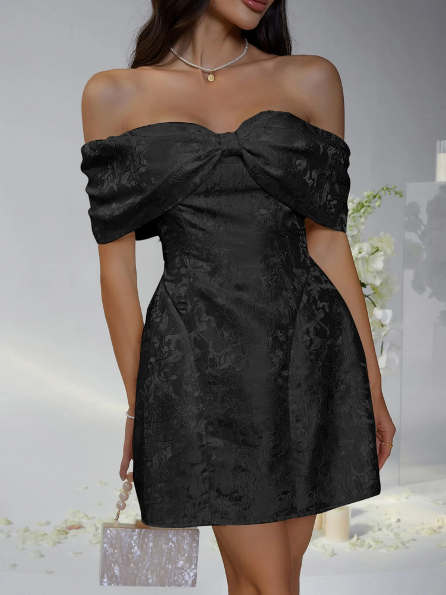 Bow Jacquard Off-shoulder Mini&Short Dresses - Image 4
