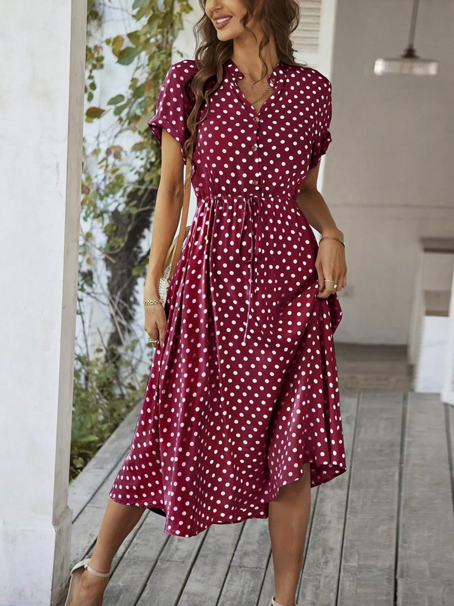 Polka Dots Polo Collar Waist Tie Short Sleeves Maxi Dresses - Image 10