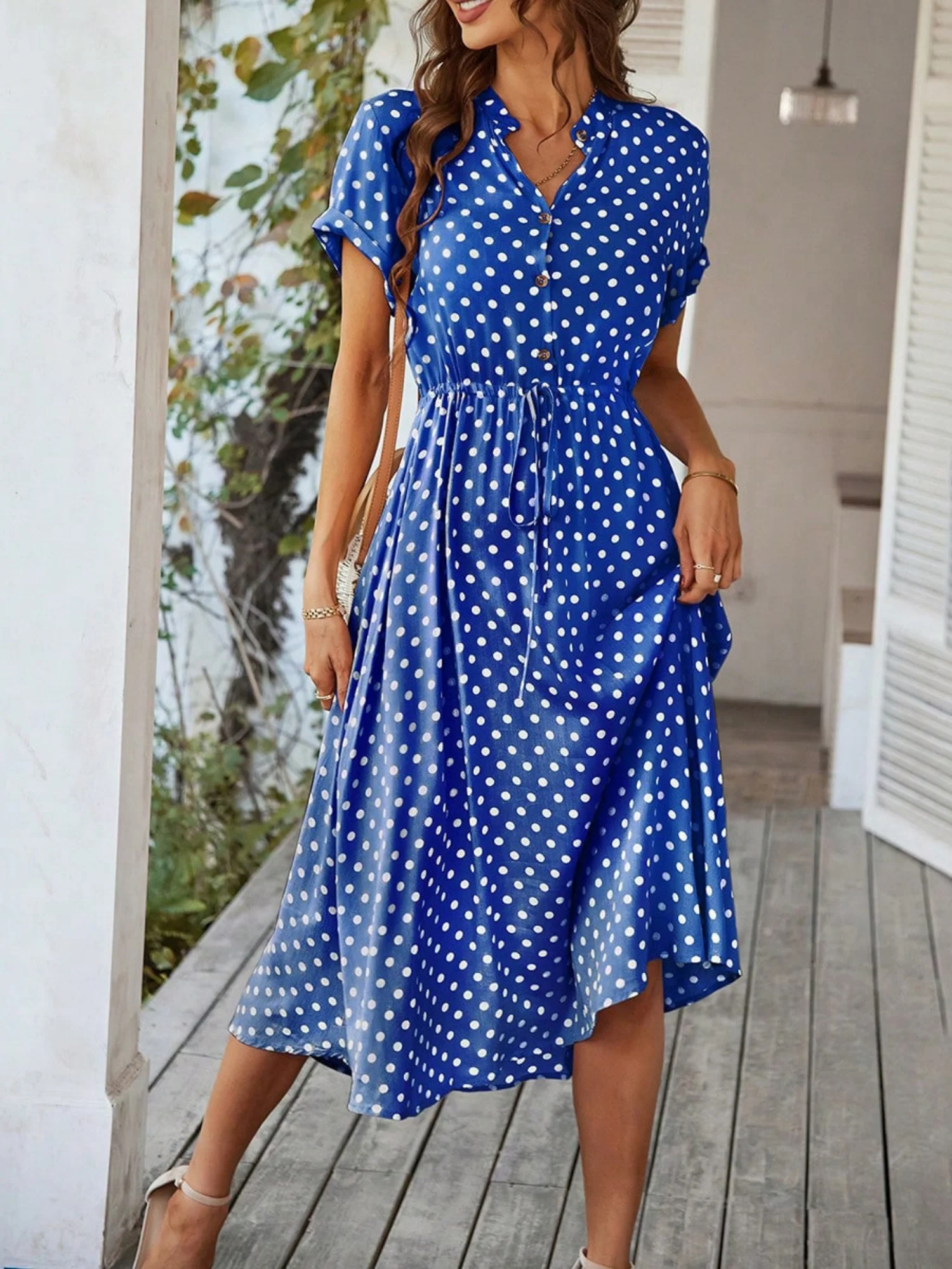 Polka Dots Polo Collar Waist Tie Short Sleeves Maxi Dresses - Image 11