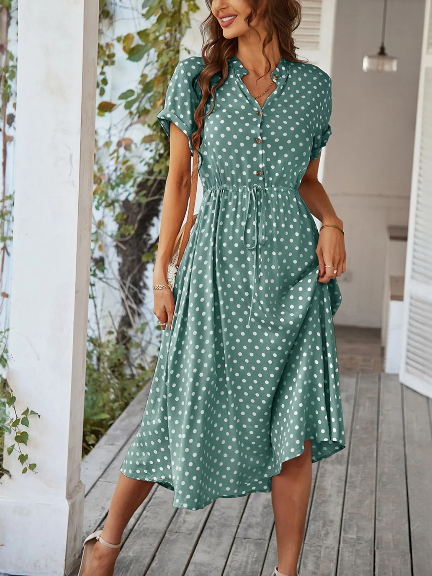 Polka Dots Polo Collar Waist Tie Short Sleeves Maxi Dresses - Image 12