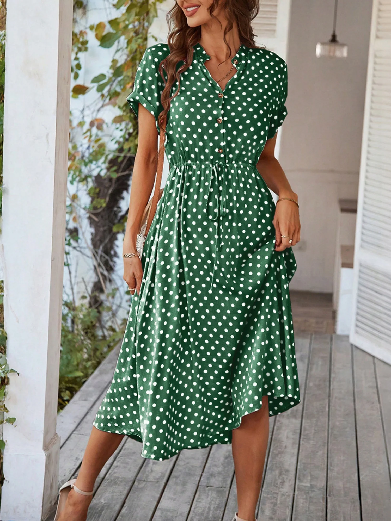 Polka Dots Polo Collar Waist Tie Short Sleeves Maxi Dresses - Image 13