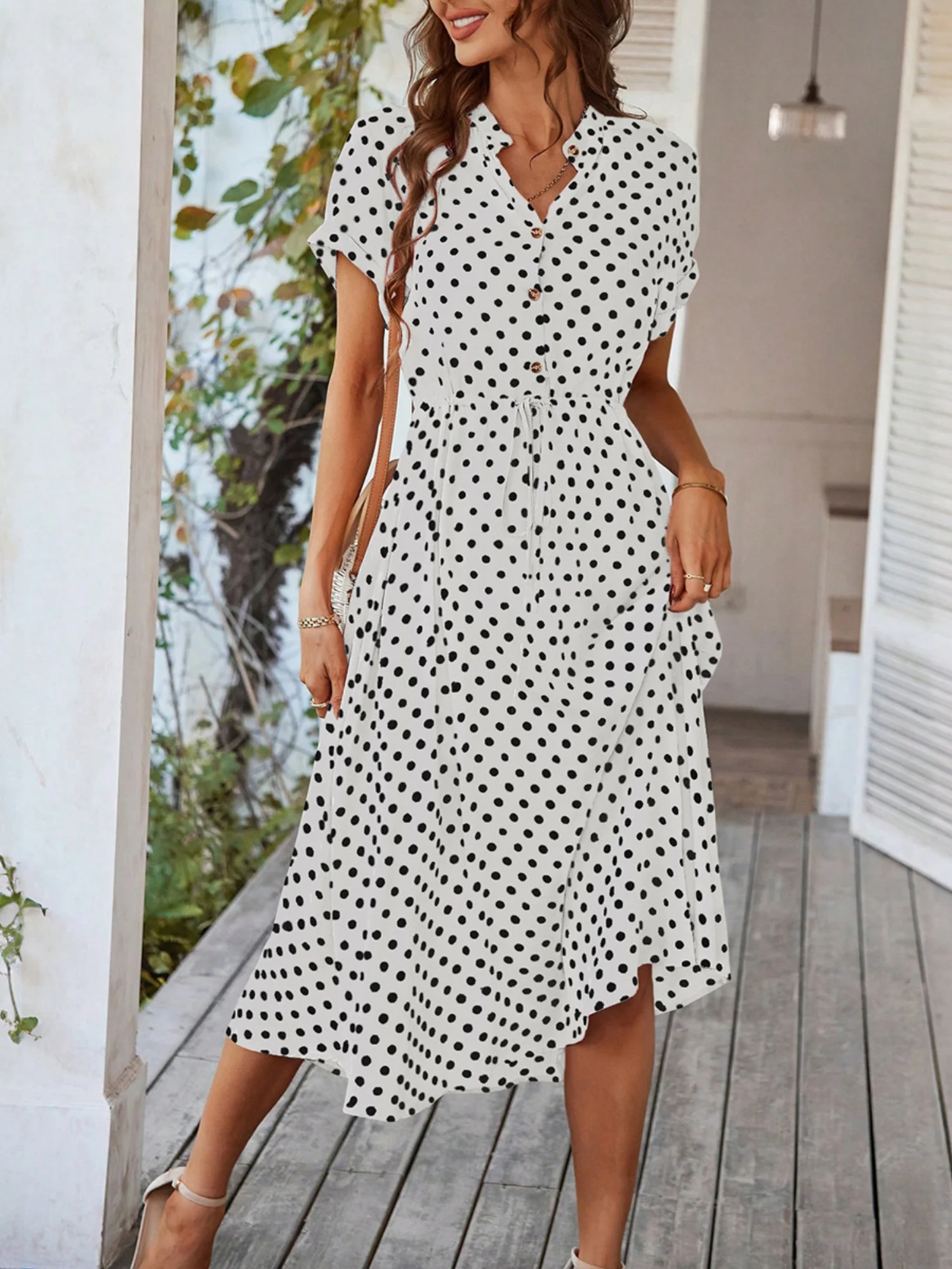 Polka Dots Polo Collar Waist Tie Short Sleeves Maxi Dresses - Image 2