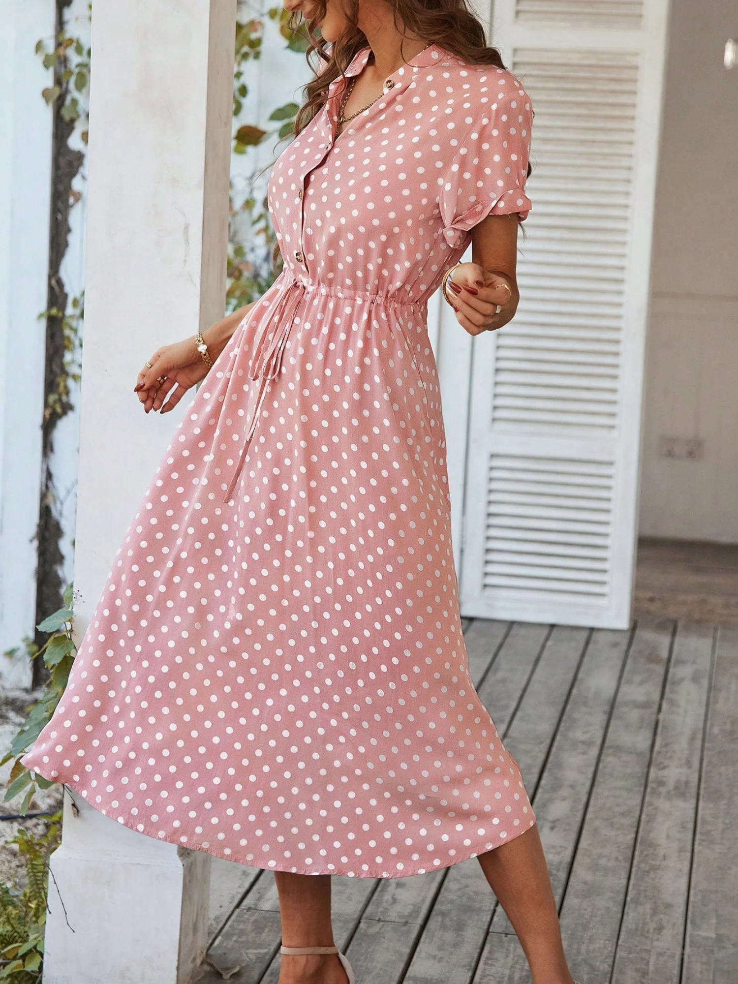 Polka Dots Polo Collar Waist Tie Short Sleeves Maxi Dresses - Image 3