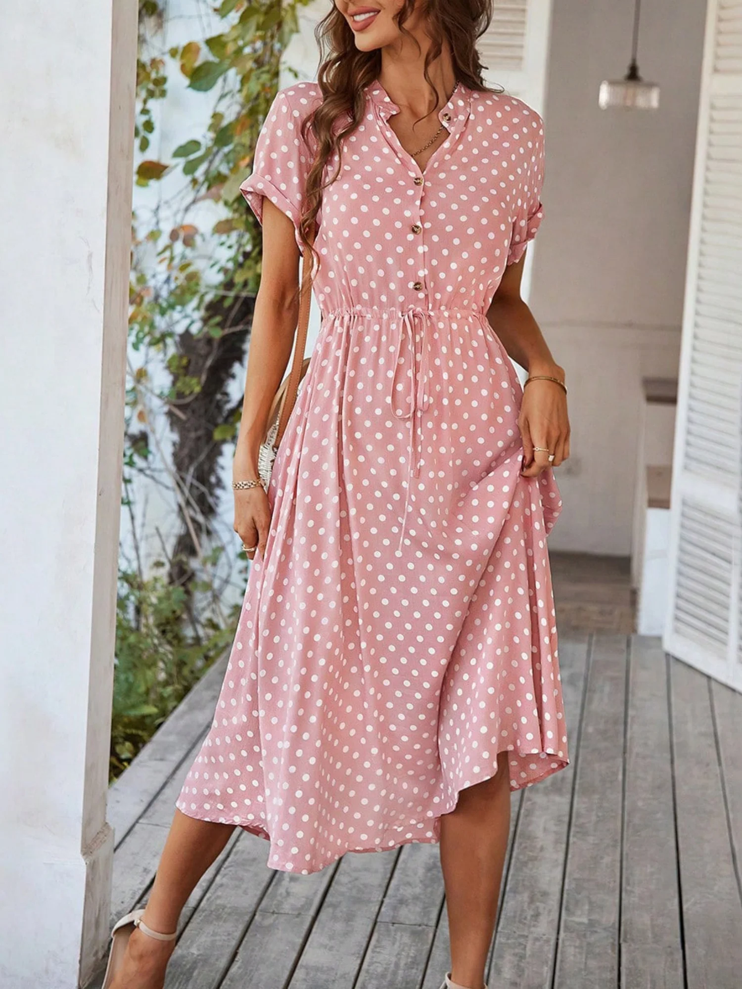 Polka Dots Polo Collar Waist Tie Short Sleeves Maxi Dresses - Image 4