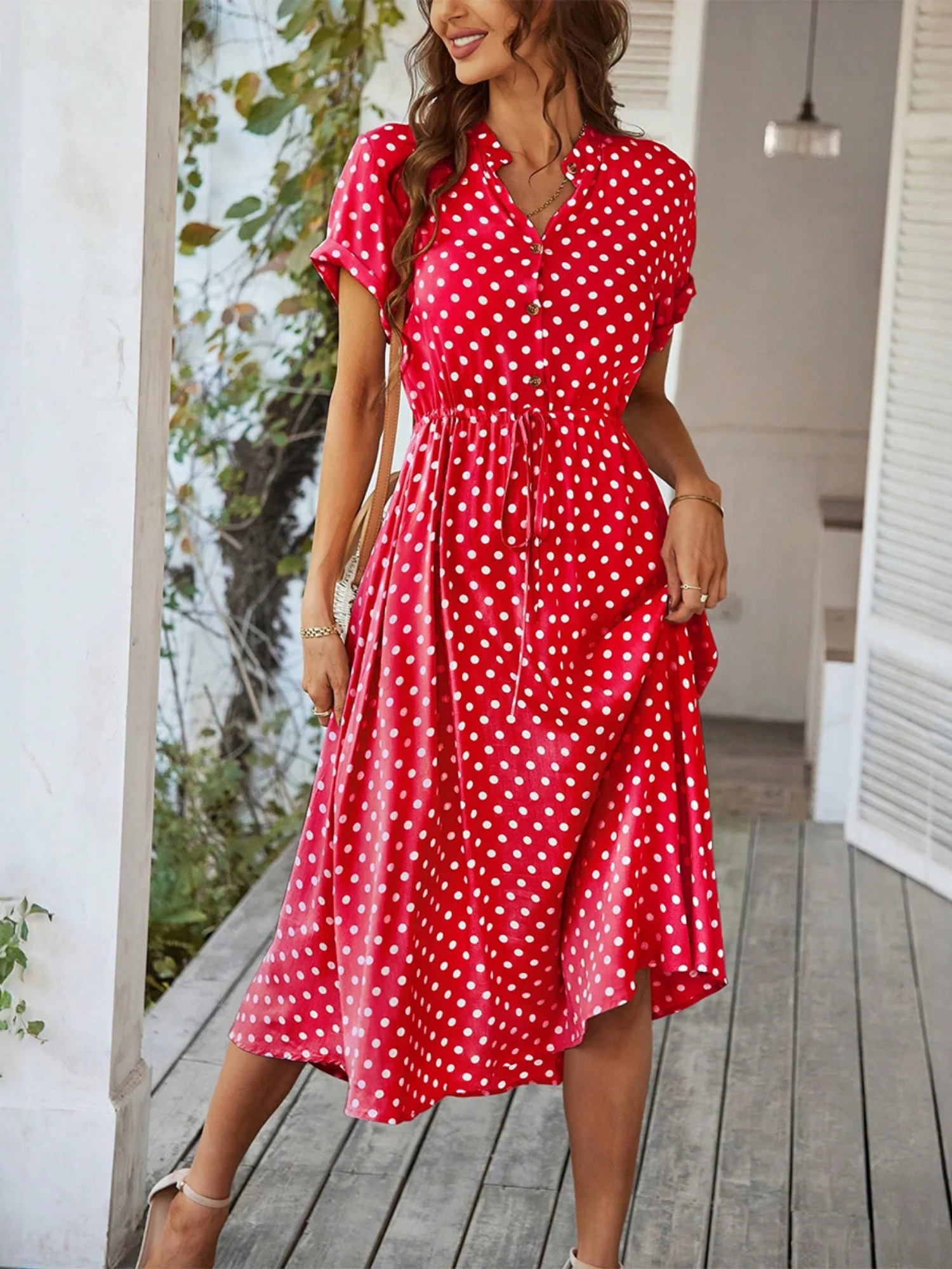 Polka Dots Polo Collar Waist Tie Short Sleeves Maxi Dresses - Image 5