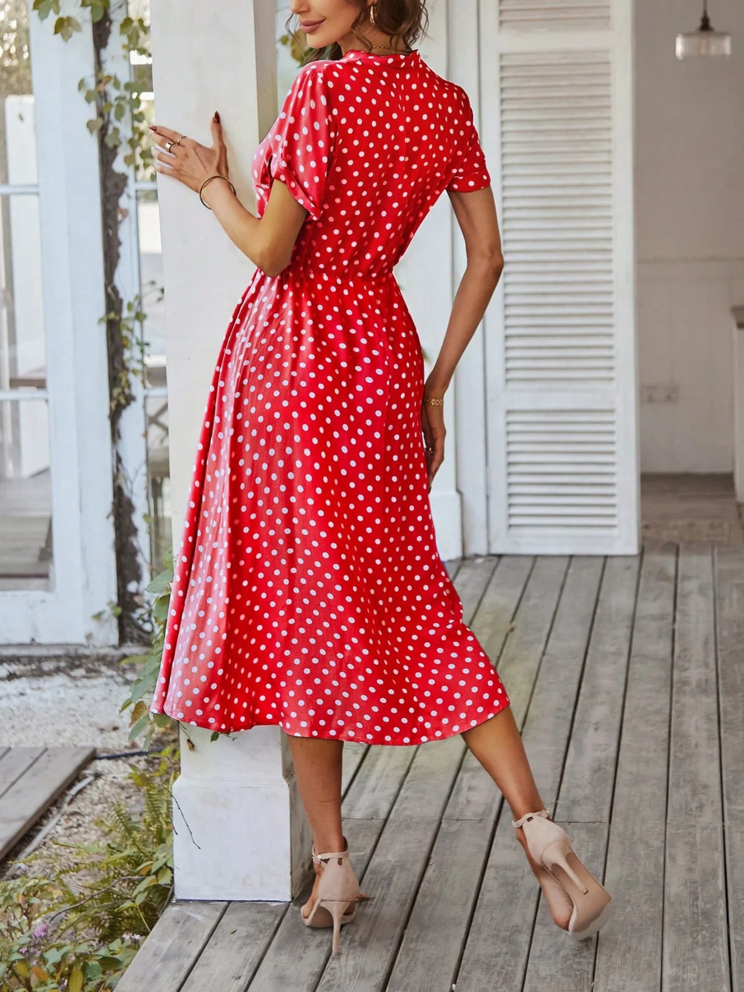 Polka Dots Polo Collar Waist Tie Short Sleeves Maxi Dresses - Image 6