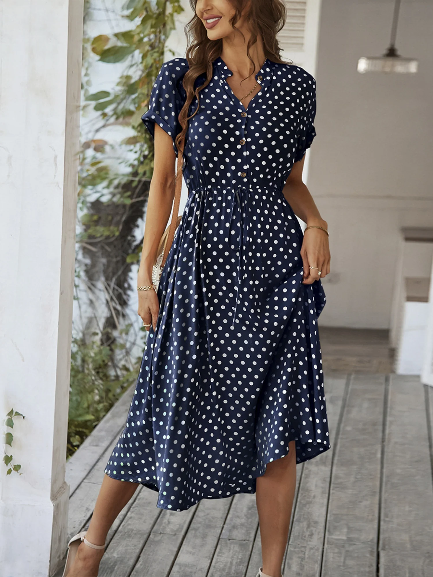 Polka Dots Polo Collar Waist Tie Short Sleeves Maxi Dresses - Image 7