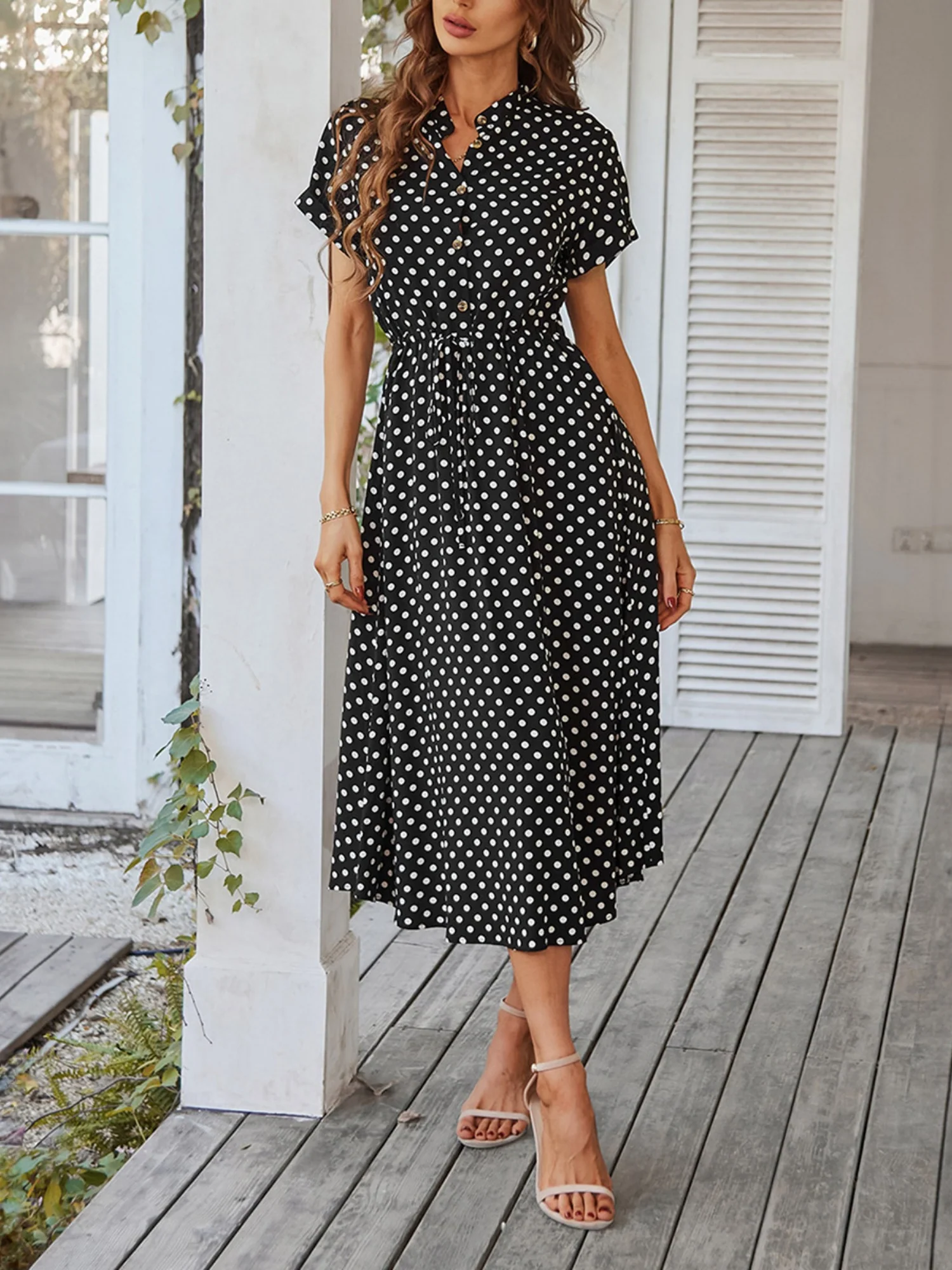 Polka Dots Polo Collar Waist Tie Short Sleeves Maxi Dresses - Image 9