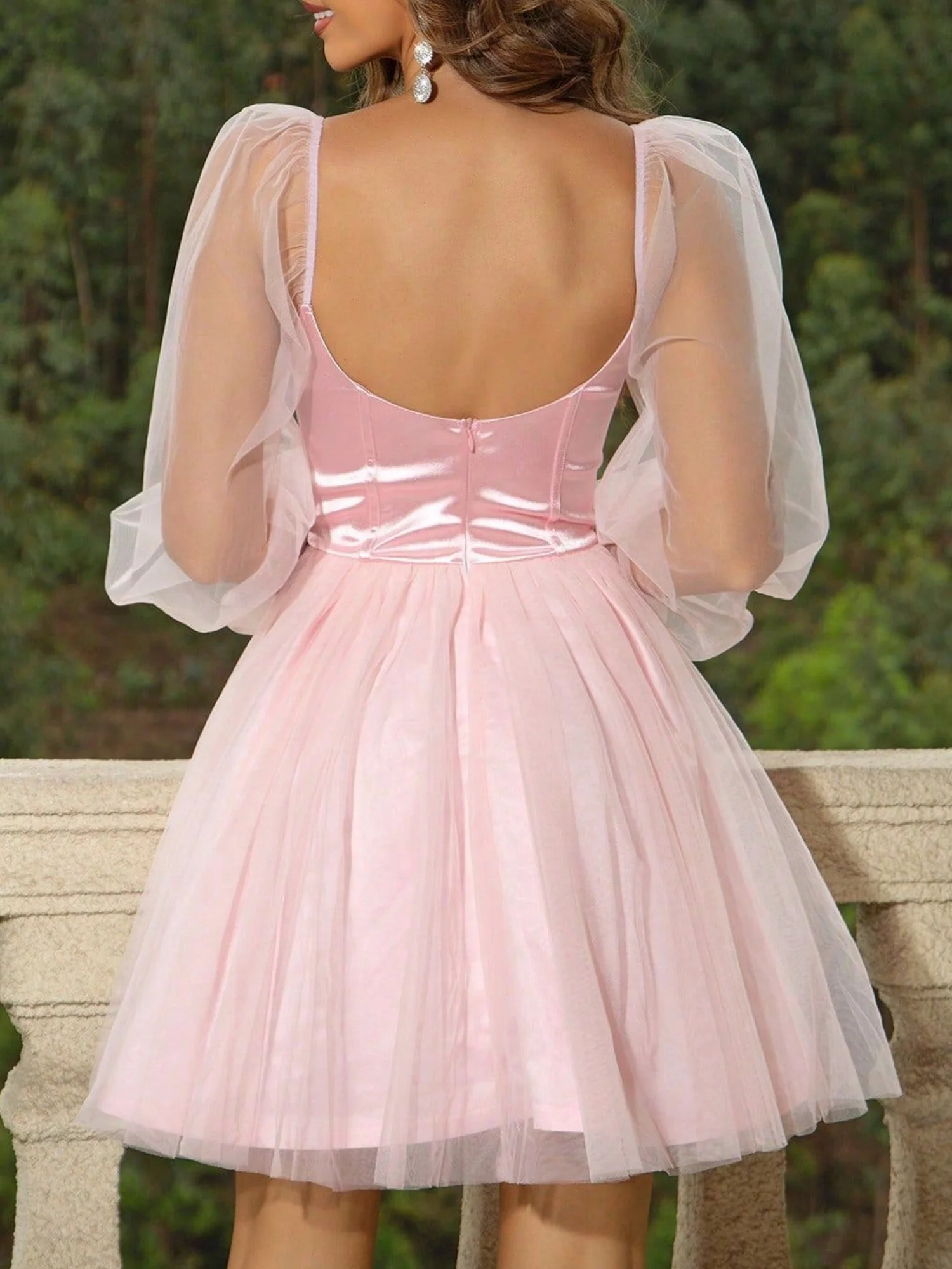 Sequins Heart-shaped Neckline Mesh Balloon Sleeve Sweet Mini&Short Dresses - Image 2
