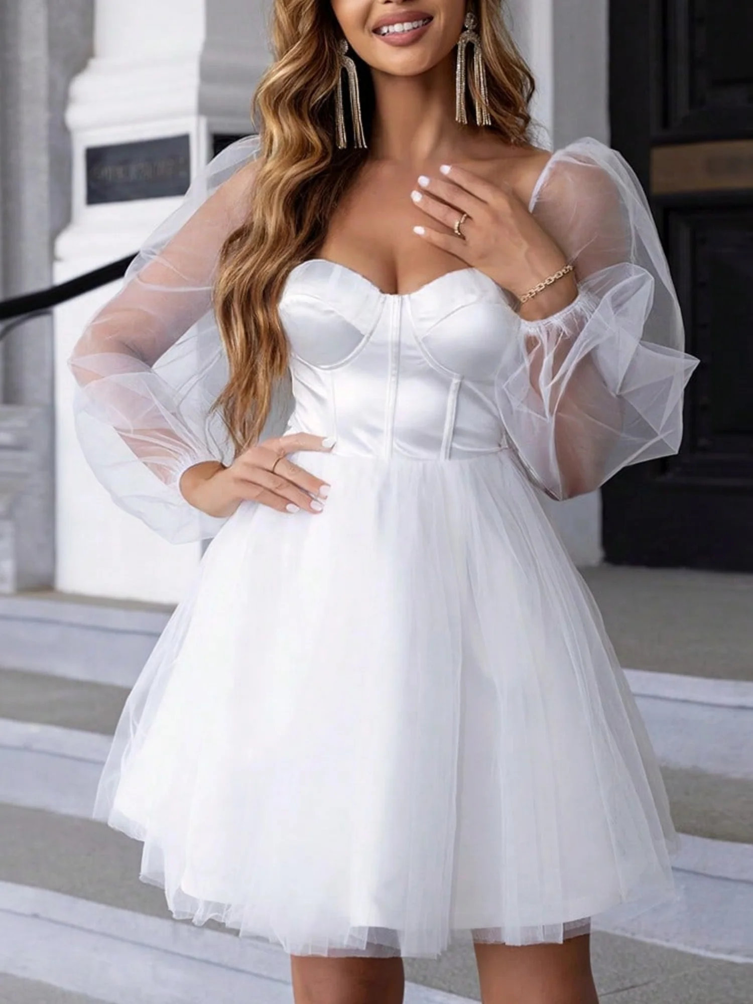 Sequins Heart-shaped Neckline Mesh Balloon Sleeve Sweet Mini&Short Dresses - Image 5