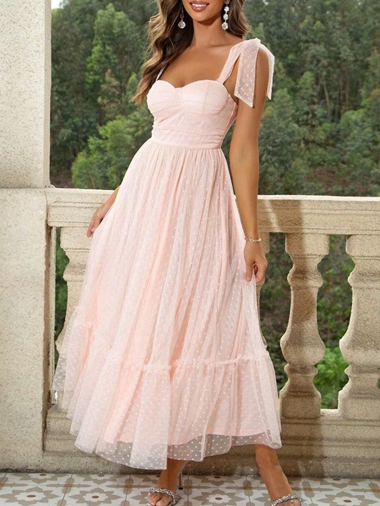Polka Dots Strapless Shoulder Strap Mesh Splicing Sweet Maxi Dresses