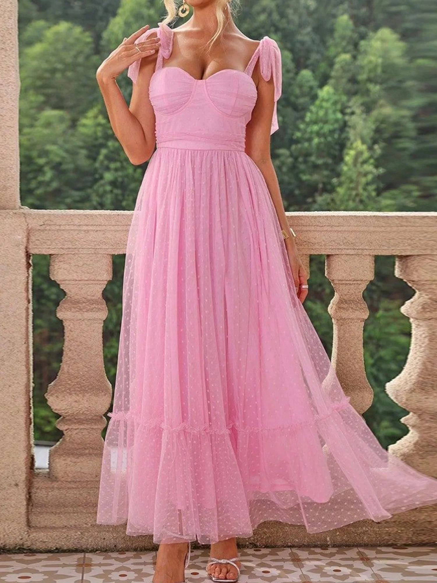 Polka Dots Strapless Shoulder Strap Mesh Splicing Sweet Maxi Dresses - Image 2