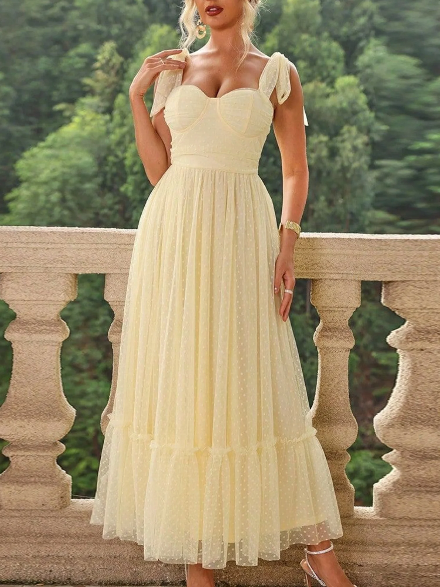 Polka Dots Strapless Shoulder Strap Mesh Splicing Sweet Maxi Dresses - Image 4