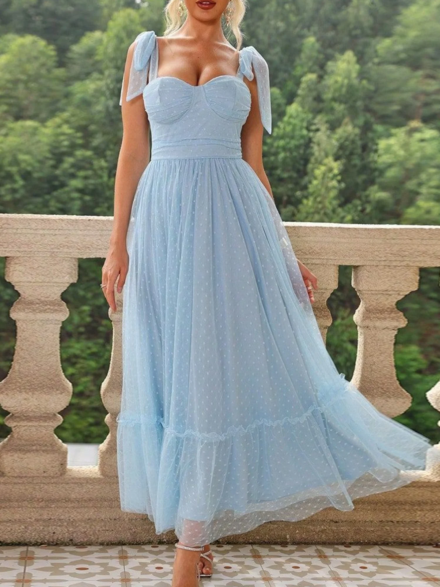 Polka Dots Strapless Shoulder Strap Mesh Splicing Sweet Maxi Dresses - Image 5
