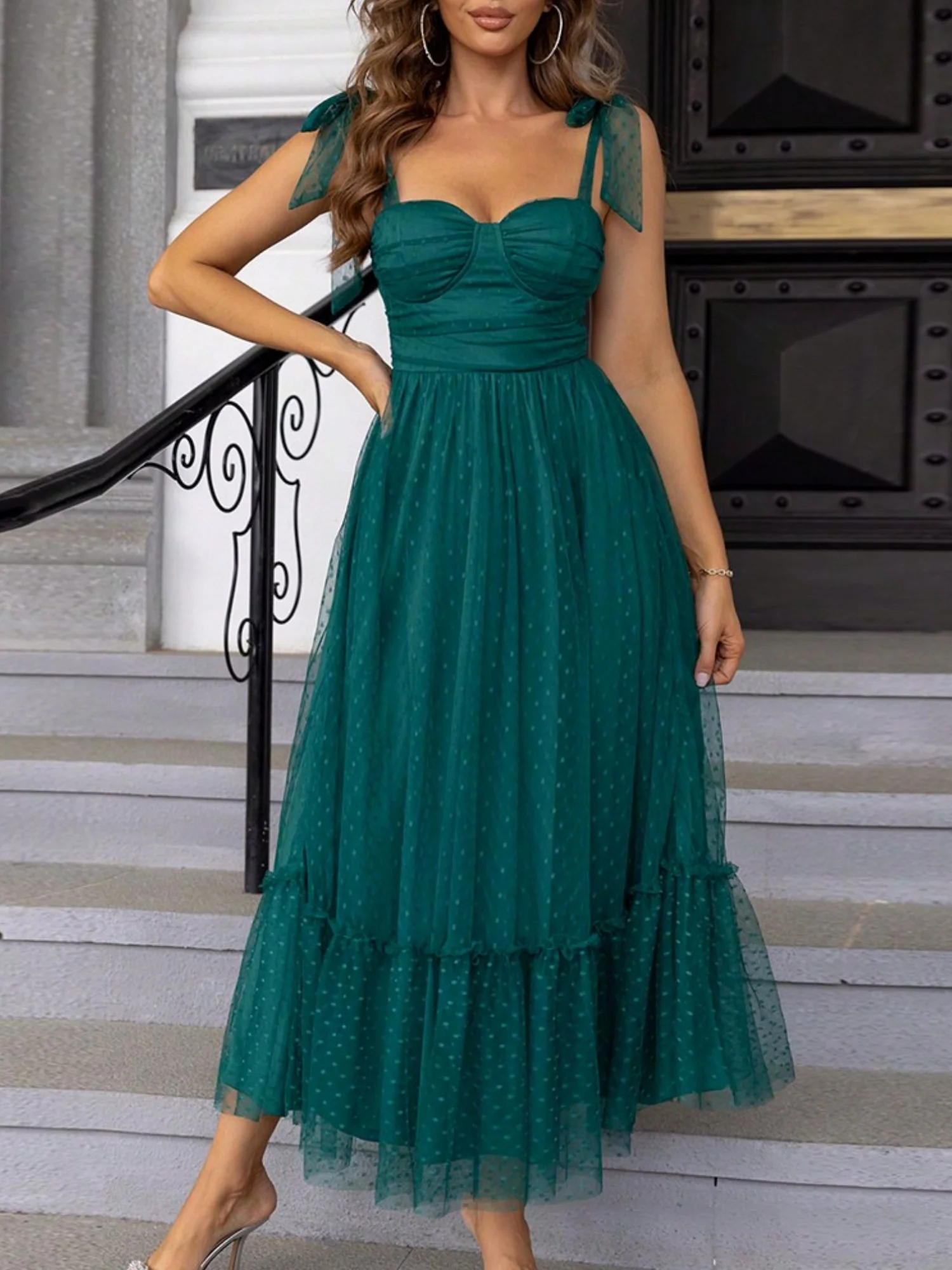 Polka Dots Strapless Shoulder Strap Mesh Splicing Sweet Maxi Dresses - Image 6