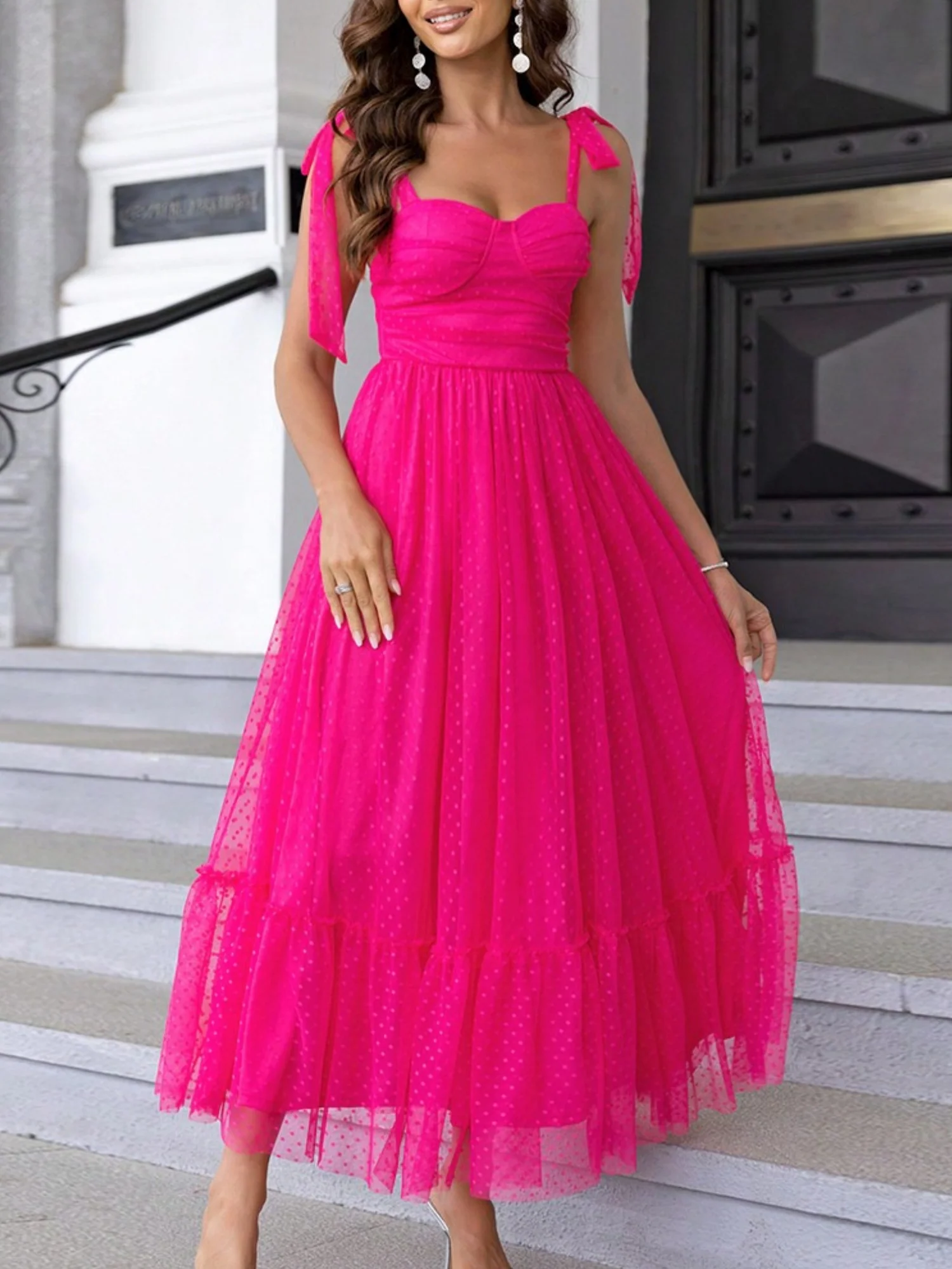 Polka Dots Strapless Shoulder Strap Mesh Splicing Sweet Maxi Dresses - Image 7