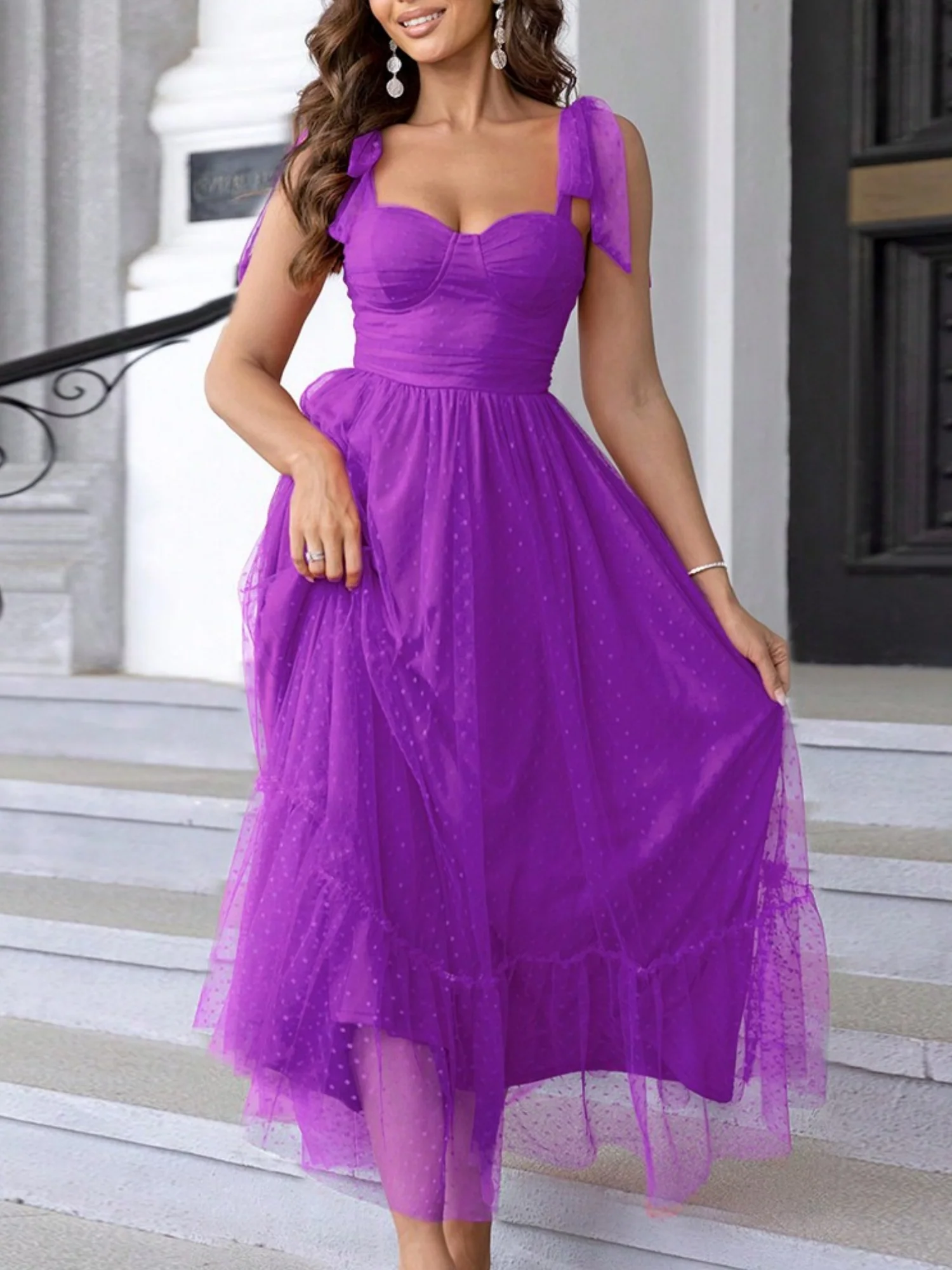 Polka Dots Strapless Shoulder Strap Mesh Splicing Sweet Maxi Dresses - Image 8