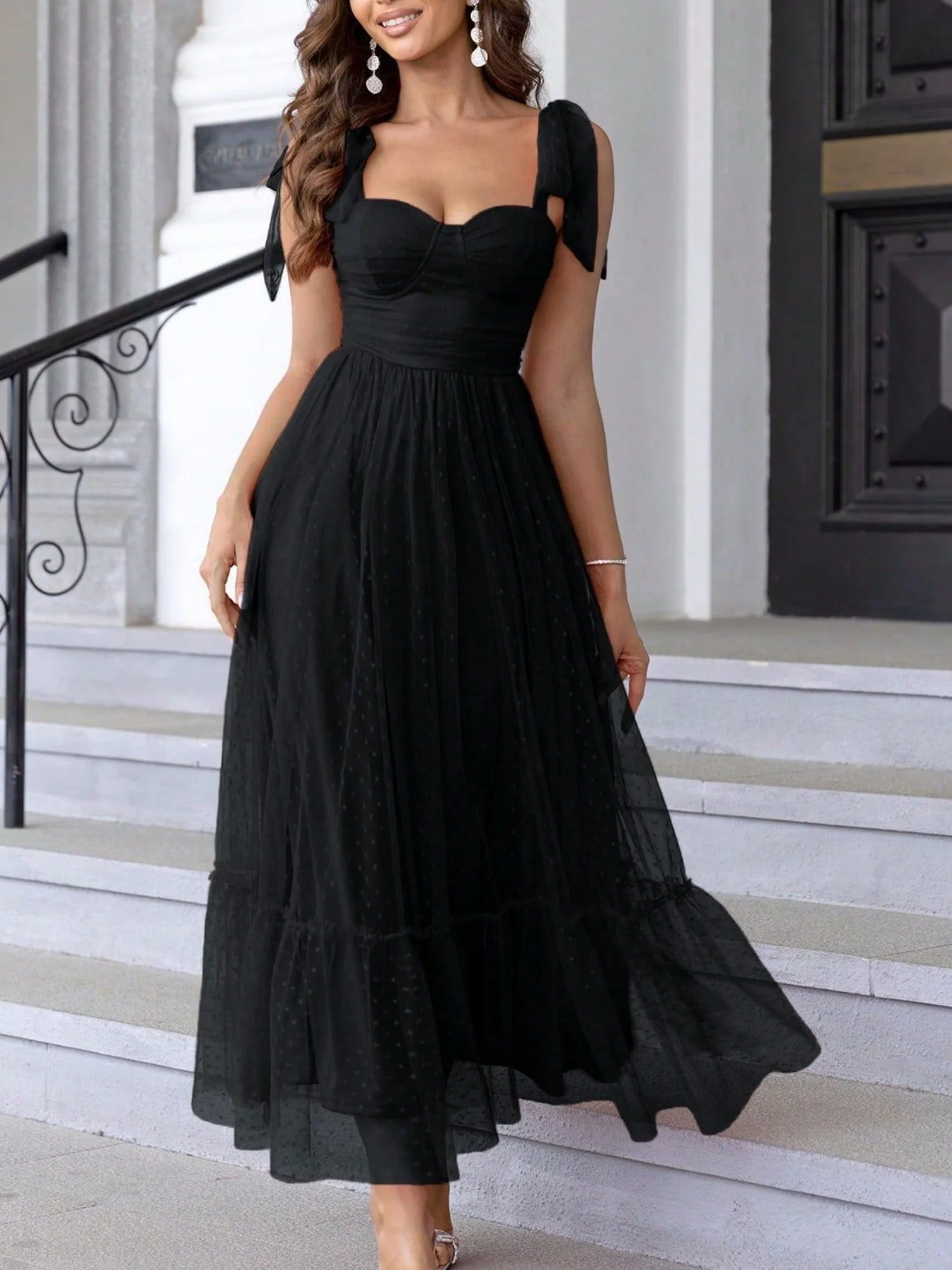 Polka Dots Strapless Shoulder Strap Mesh Splicing Sweet Maxi Dresses - Image 9