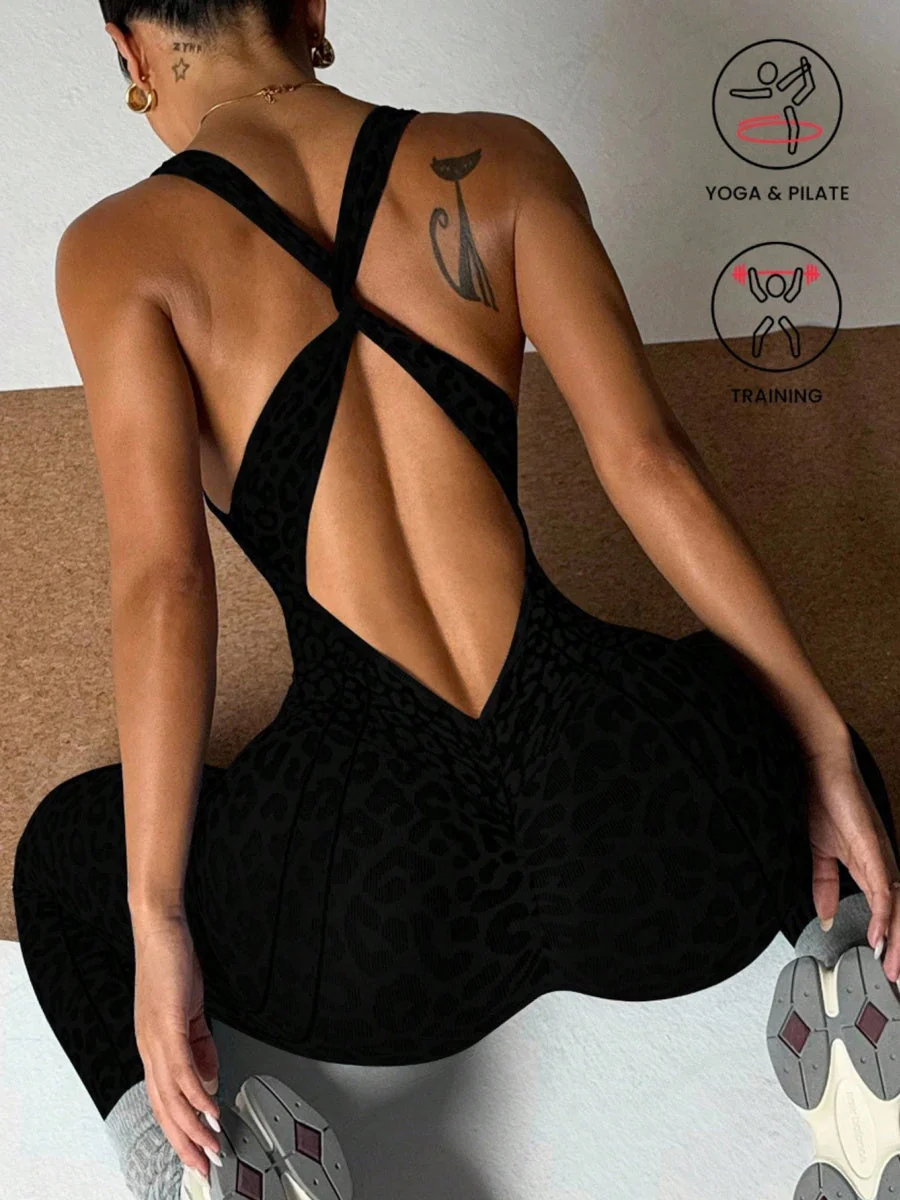 Leopard Print Cross Link Seamless Yoga Clothes Fitness Jumpsuits - Image 23