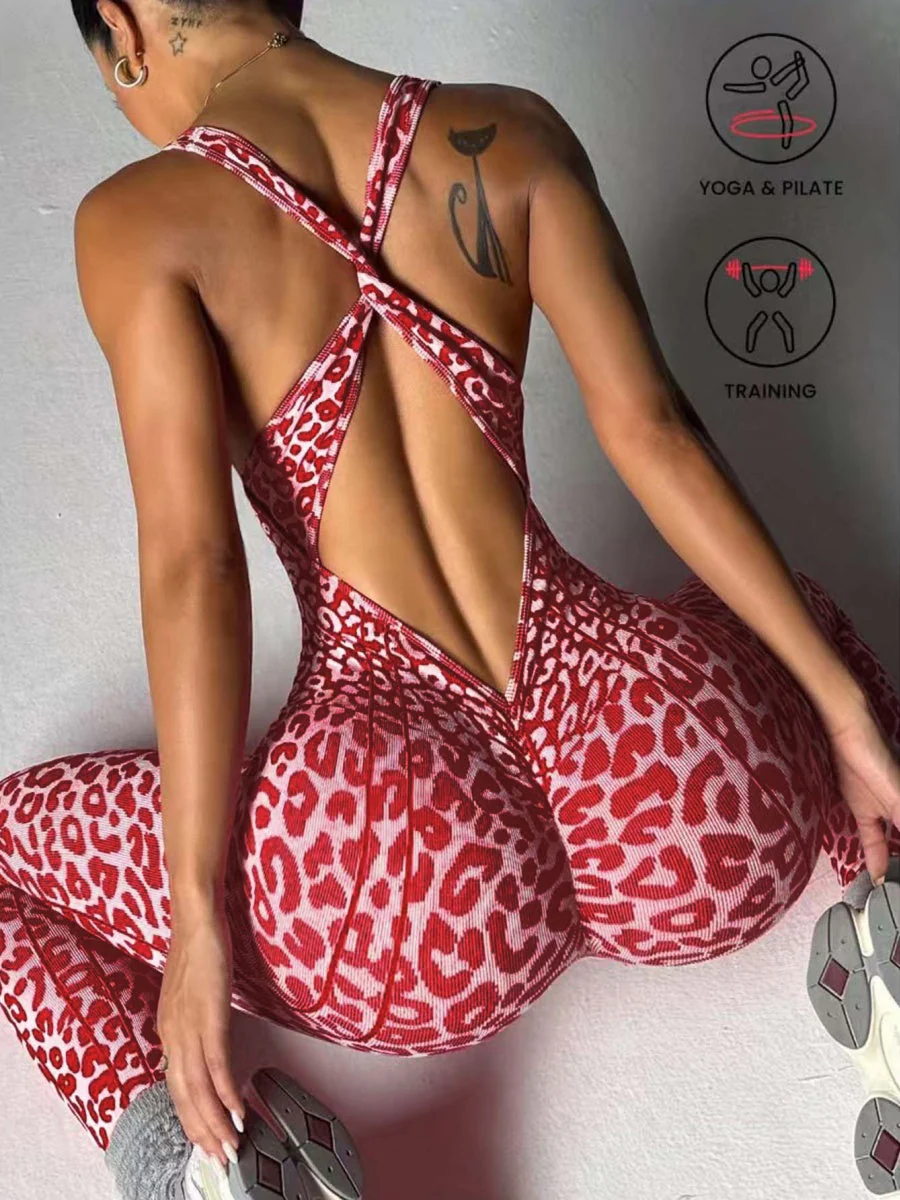 Leopard Print Cross Link Seamless Yoga Clothes Fitness Jumpsuits - Image 26