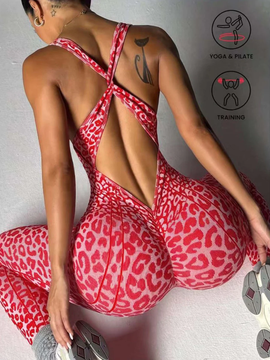 Leopard Print Cross Link Seamless Yoga Clothes Fitness Jumpsuits - Image 3