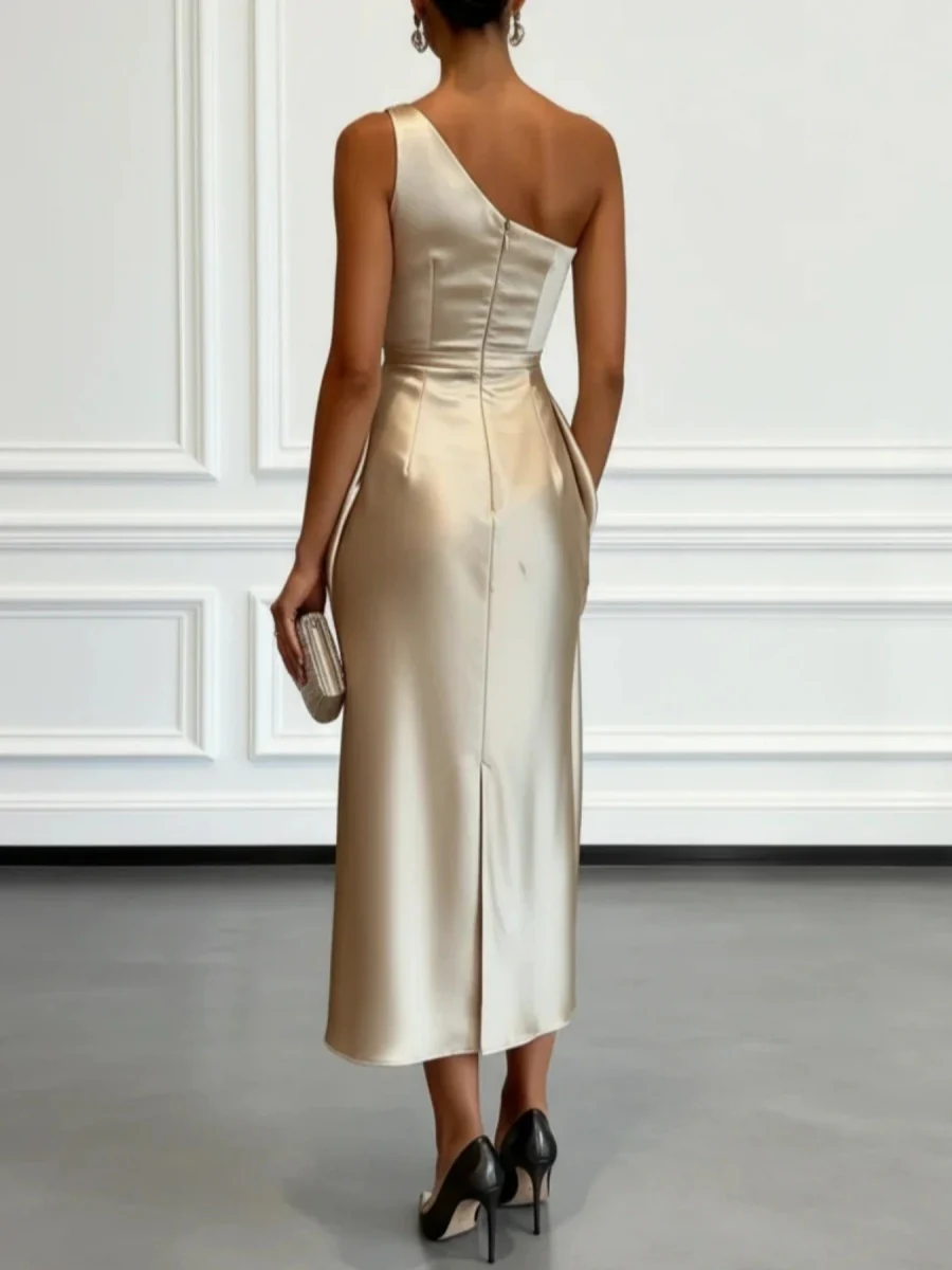 Satin Pleated One Shoulder Grace Formal Dress Maxi Dresses - Image 2