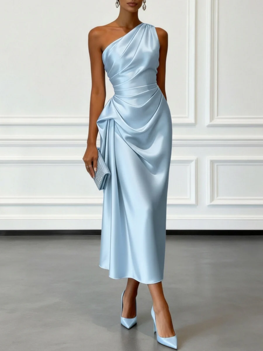 Satin Pleated One Shoulder Grace Formal Dress Maxi Dresses - Image 3