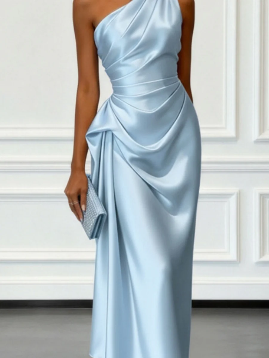 Satin Pleated One Shoulder Grace Formal Dress Maxi Dresses - Image 4