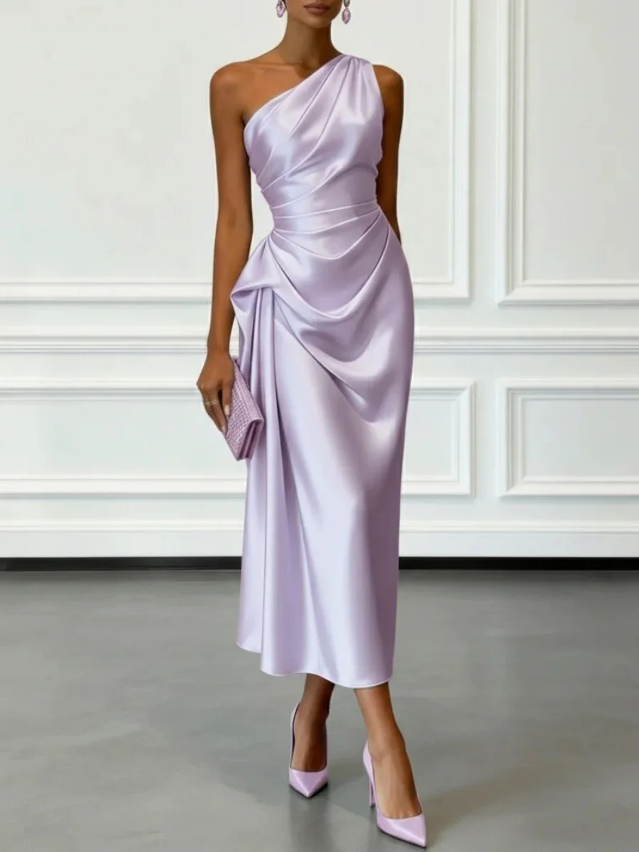 Satin Pleated One Shoulder Grace Formal Dress Maxi Dresses - Image 5