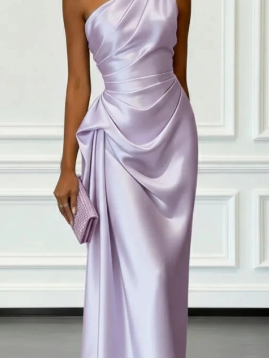 Satin Pleated One Shoulder Grace Formal Dress Maxi Dresses - Image 6