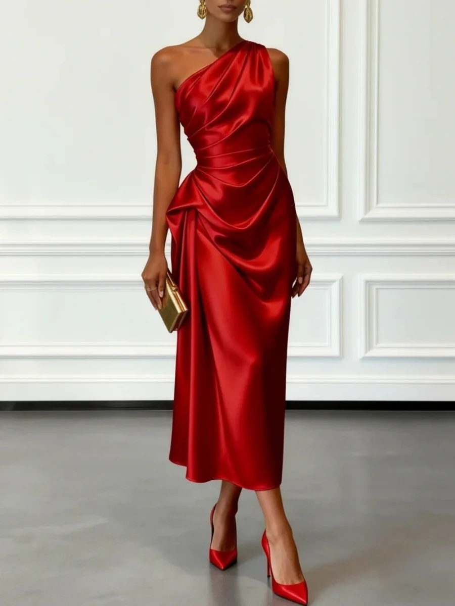 Satin Pleated One Shoulder Grace Formal Dress Maxi Dresses - Image 7