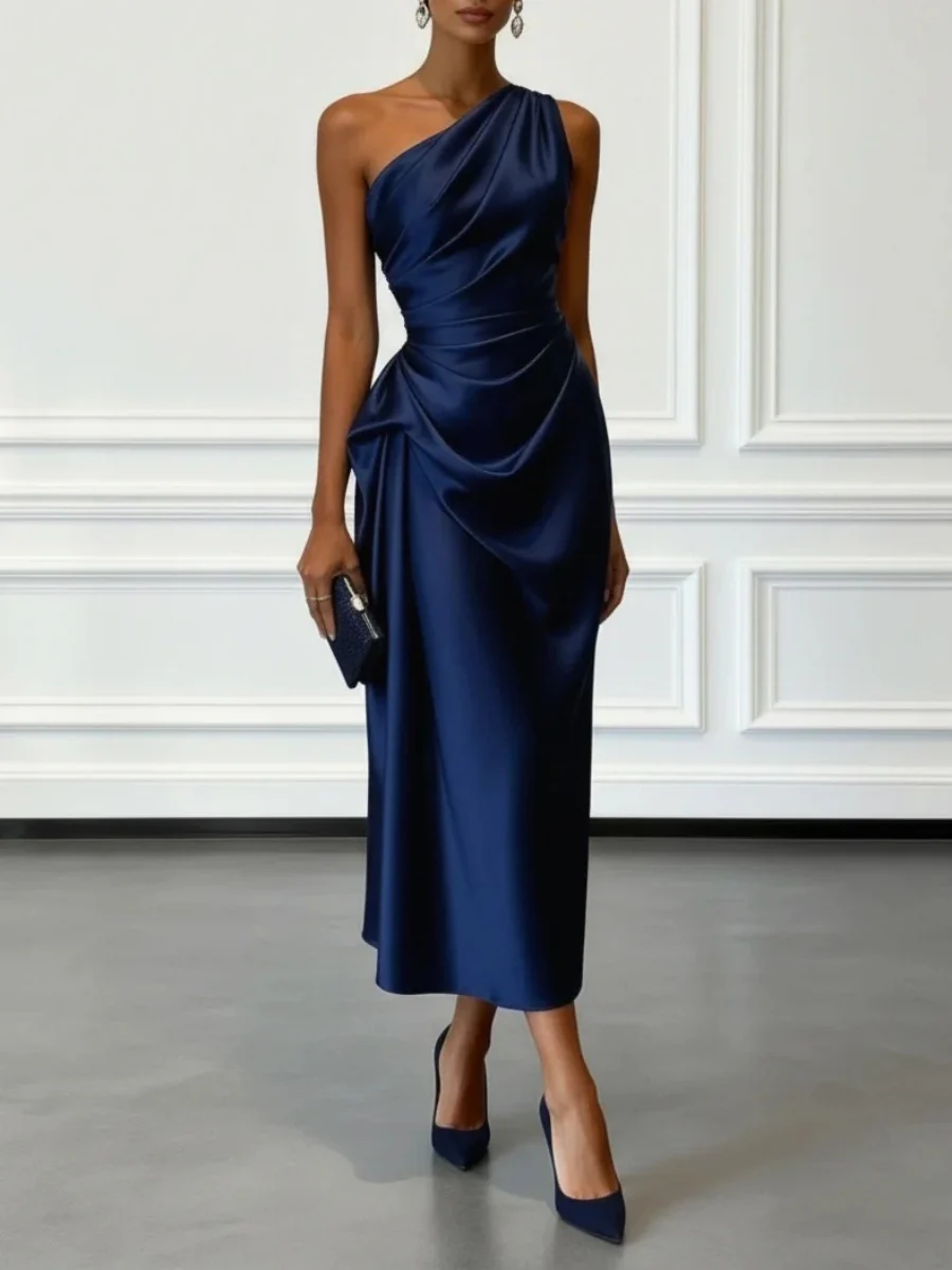 Satin Pleated One Shoulder Grace Formal Dress Maxi Dresses - Image 8