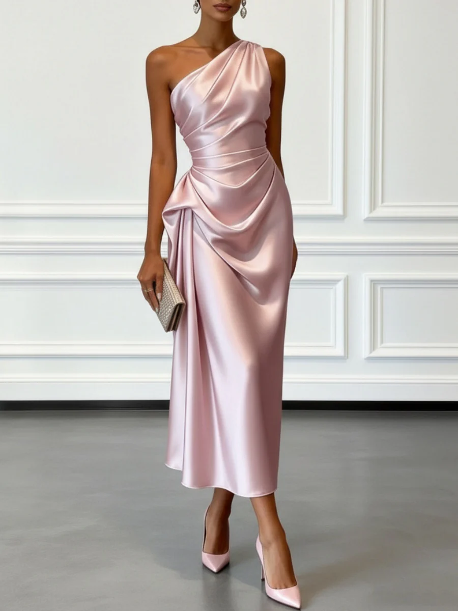 Satin Pleated One Shoulder Grace Formal Dress Maxi Dresses - Image 9