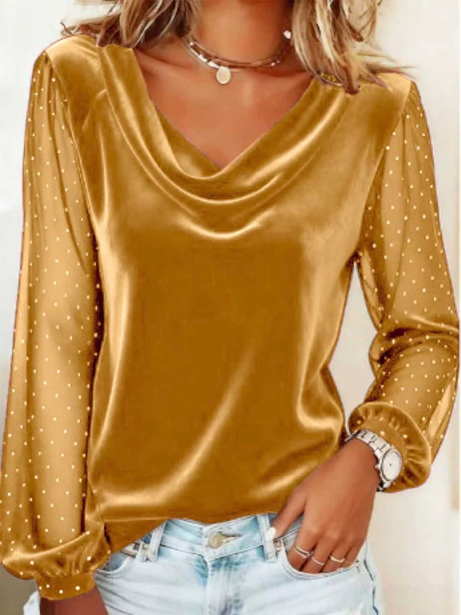 V-neck Mesh Rhinestones Velvet Long Sleeve T-shirts - Image 3
