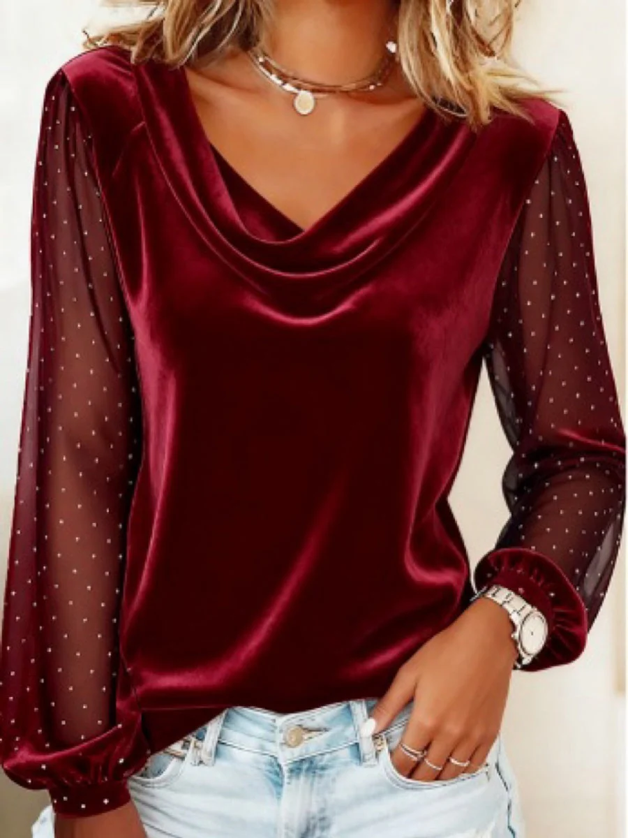 V-neck Mesh Rhinestones Velvet Long Sleeve T-shirts - Image 4