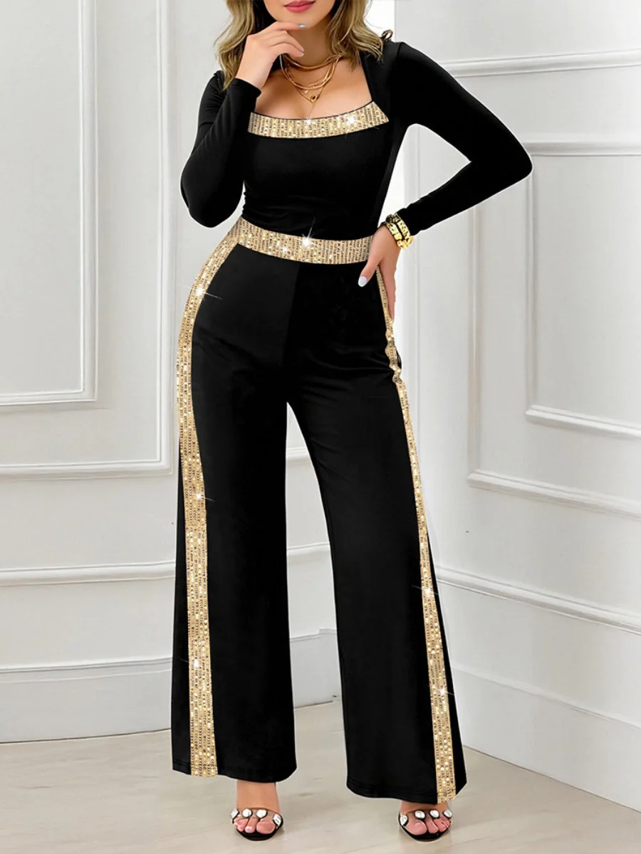 Sequined Black Square Neck Slim Waist Jumpsuit - Image 2