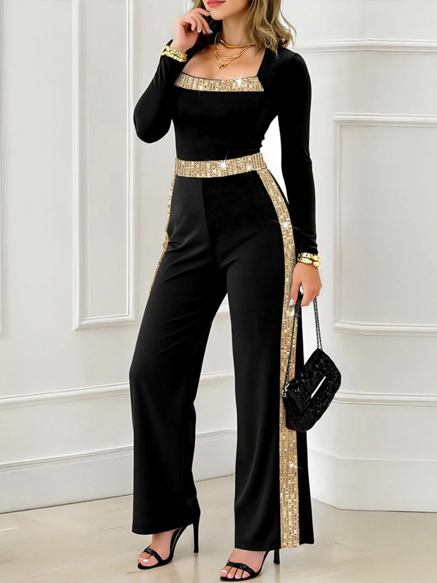 Sequined Black Square Neck Slim Waist Jumpsuit - Image 3
